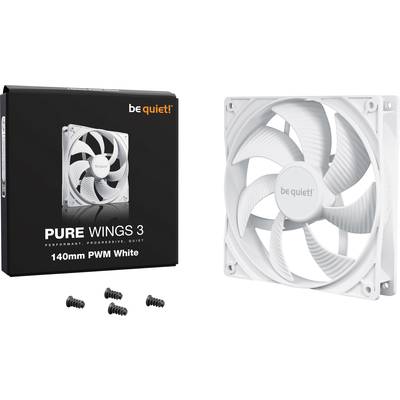 Un ventilateur de boîtier PC blanc avec l'inscription 'be quiet! PURE WINGS 3'. Des vis de fixation sont incluses. L'emballage est visible à gauche de l'image.