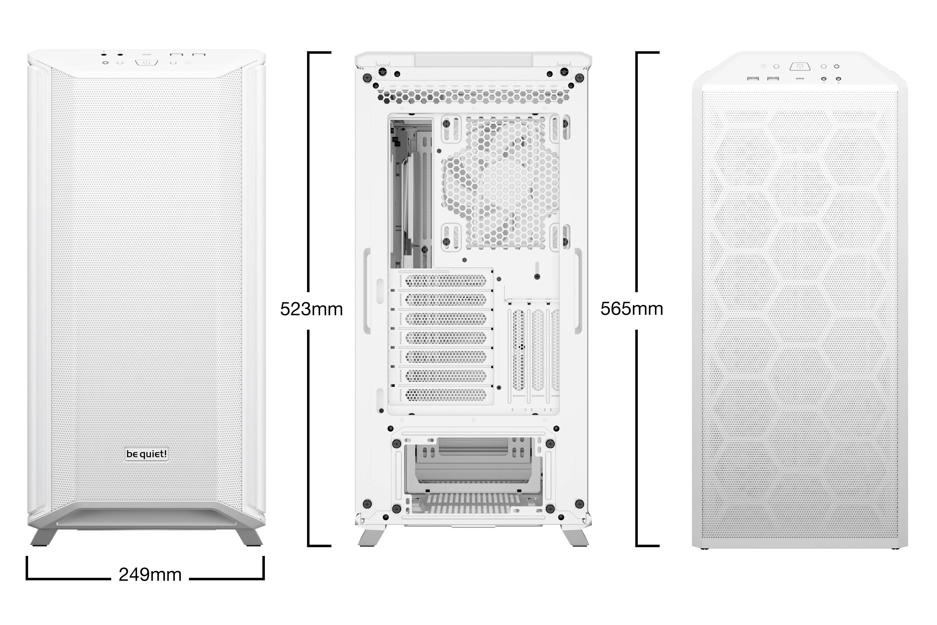 Un boîtier PC blanc de la marque 'be quiet!' présenté sous trois angles : vue de face, vue arrière et vue latérale avec dimensions, montrant sa structure intérieure ouverte.