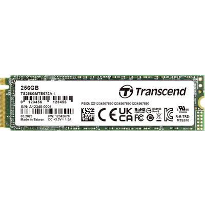 Disque SSD Transcend de 256 Go, numéro de modèle TS256GMTE672A, avec des détails techniques et des symboles de certification sur une étiquette blanche.