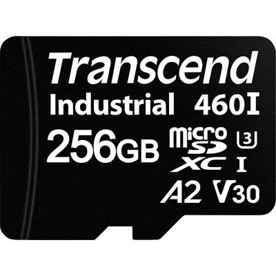 Carte microSD noire de la marque 'Transcend Industrial 460I' d'une capacité de 256 Go, portant les mentions 'microSDXC UHS-I U3 A2 V30'.