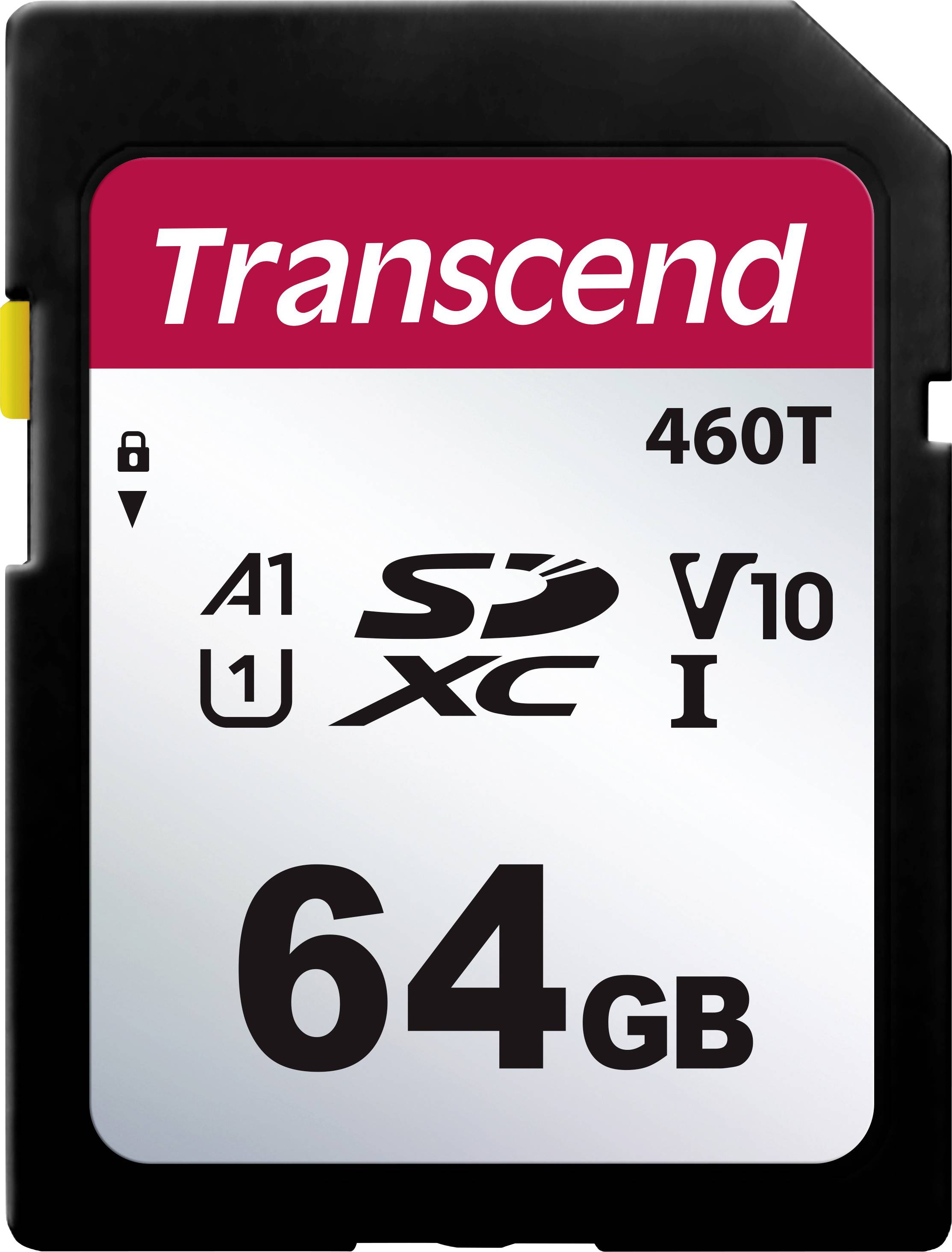 Une carte mémoire portant l'inscription « Transcend 64 Go », avec les symboles A1, U1, SDXC, V10 et I, adaptée aux transferts de données rapides.