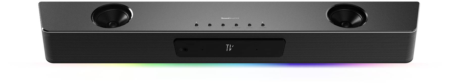 Barre de son noire avec une bande RGB éclairée en dessous, deux haut-parleurs sur les côtés et des touches de commande au centre.