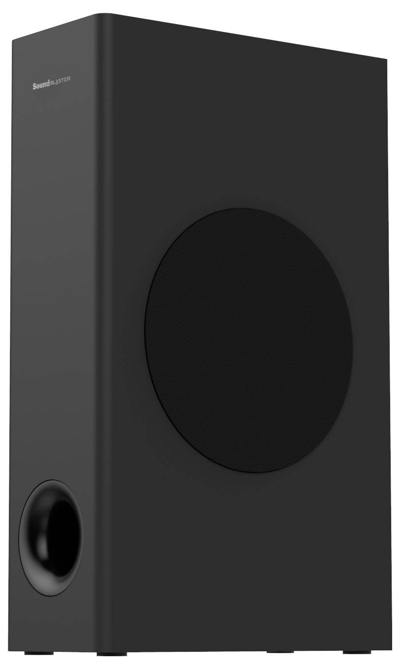 Haut-parleur noir avec un caisson de basses rond sur le côté, adapté aux systèmes home cinéma ou aux chaînes hi-fi. Style épuré et moderne.