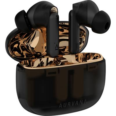 Écouteurs sans fil intra-auriculaires noirs dans leur boîtier de charge ouvert, avec l'intérieur de couleur bronze. Marque 'Aurvana'.