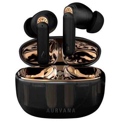 Écouteurs sans fil noirs avec des détails en cuivre, étui de charge ouvert, nom de marque 'AURVANA' sur la face avant.