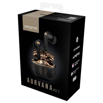 Emballage des écouteurs Creative Aurvana Ace 2. Présente l'image du produit des écouteurs intra-auriculaires noir et cuivre, ainsi que le logo de l'entreprise.
