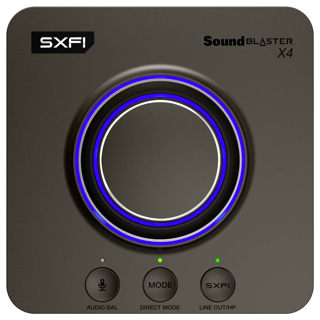 Un appareil audio carré doté d'un grand bouton de volume central, entouré d'un anneau LED bleu. Trois boutons situés en dessous : « AUDIO BAL », « MODE », « SXFI ».