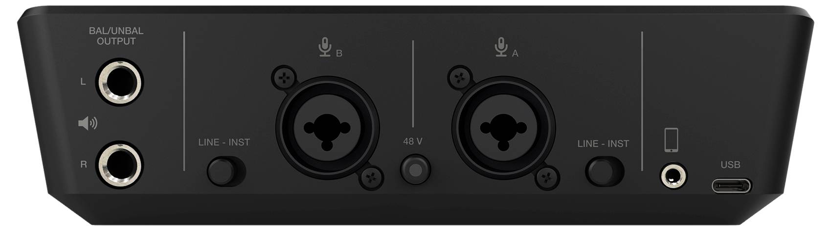 Interface audio avec deux entrées XLR, commutable entre les niveaux ligne et instrument, connexion USB-C et sorties symétriques.