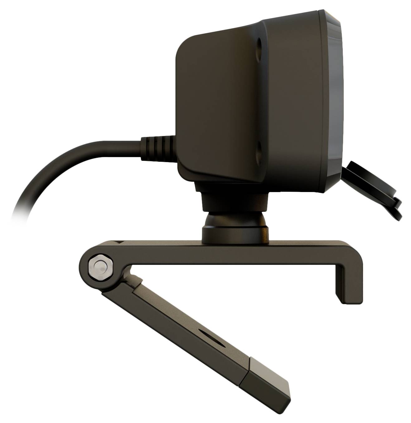 Webcam vue de côté avec boîtier noir et support réglable. Câble connecté pour l'alimentation électrique.