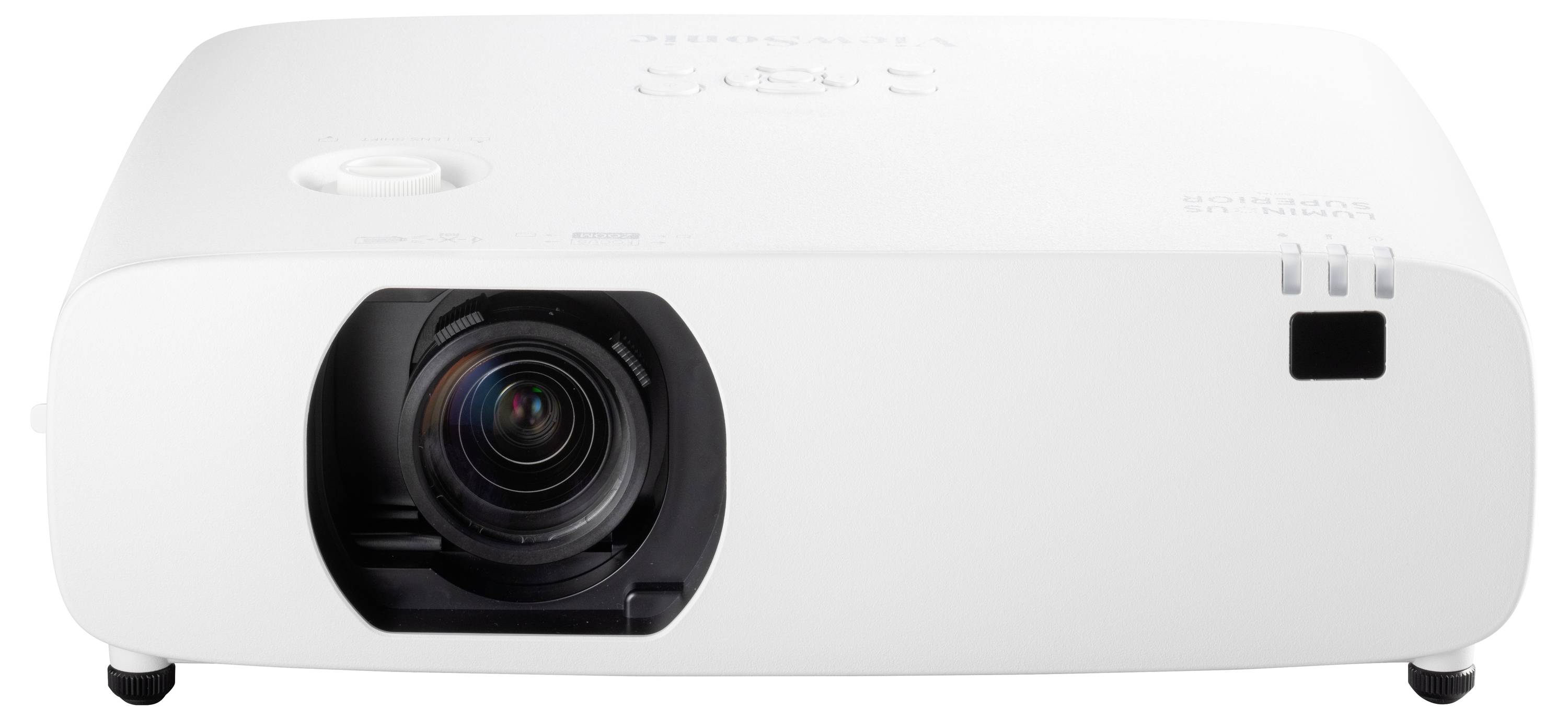 Un projecteur blanc avec un objectif central, adapté aux présentations ou au cinéma maison.