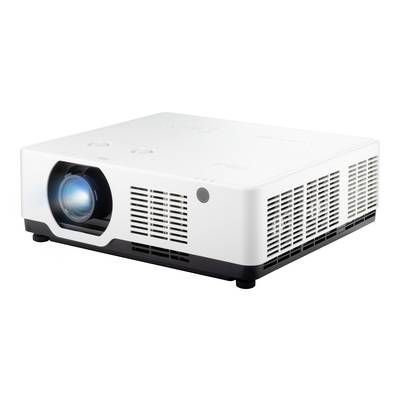 Projecteur blanc avec objectif lumineux posé sur une table. Un appareil pour présentations ou films est visuellement représenté.