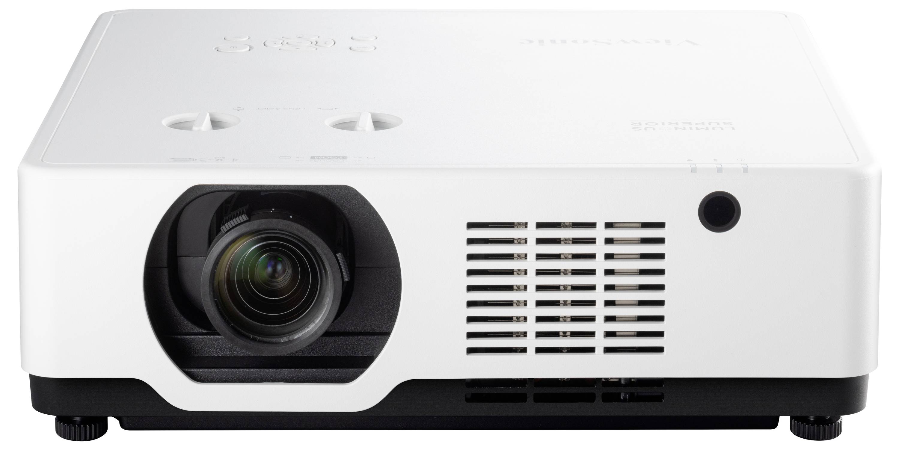 Un projecteur blanc avec un objectif central et des fentes d'aération sur les côtés. Adapté pour les présentations ou les projections de films.