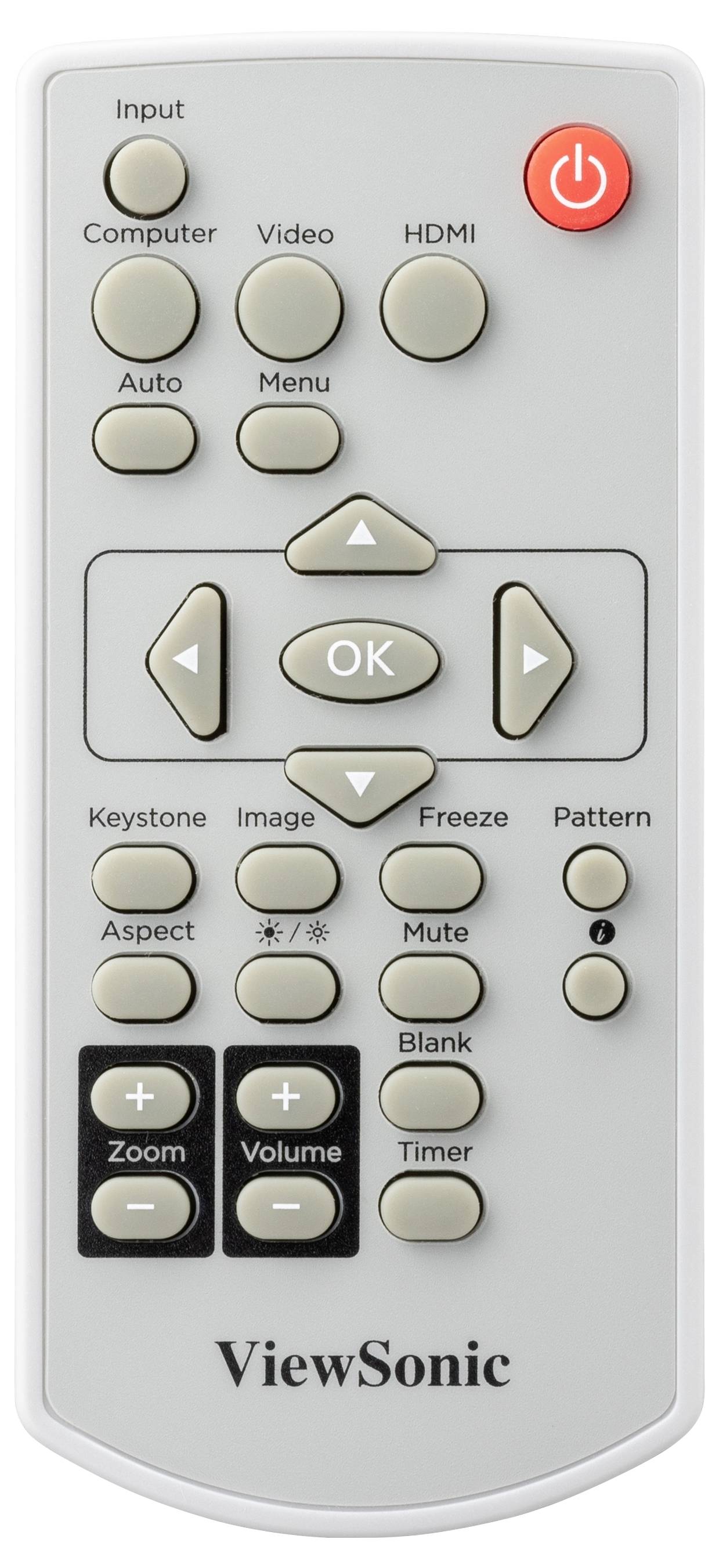 Télécommande grise avec bouton marche/arrêt rouge en haut à droite, touches d'entrée, menu, OK au centre et volume sonore en bas.