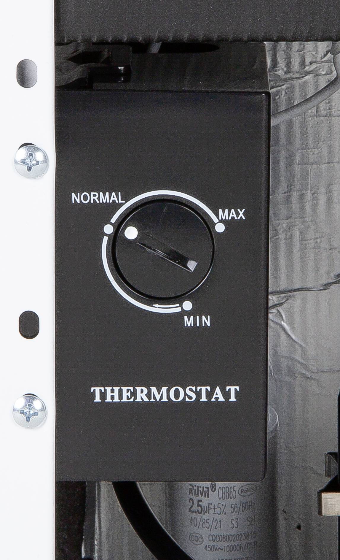 Thermostat noir avec molette de réglage, réglages allant de 'Min' à 'Max'.