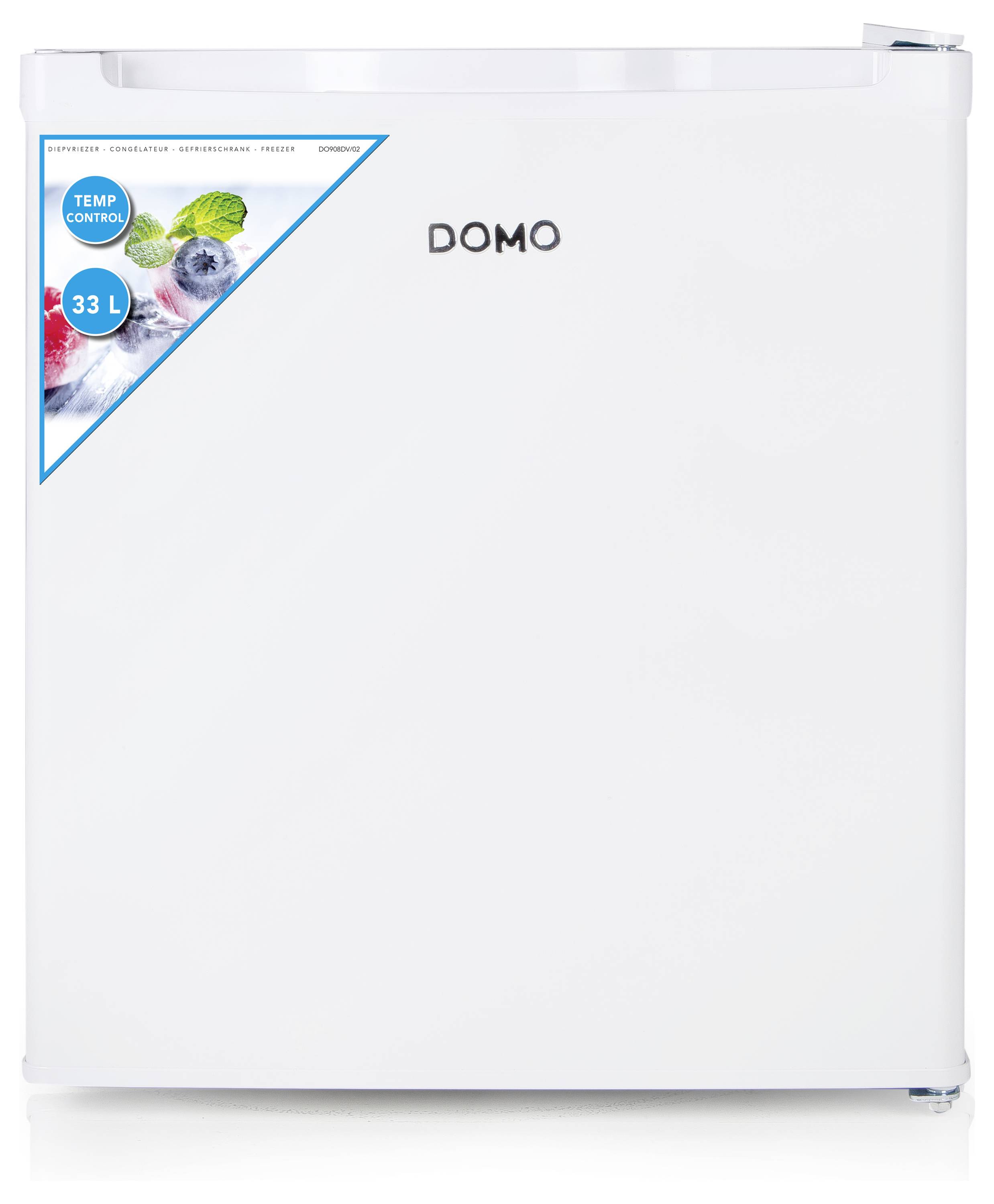 Un petit réfrigérateur blanc de marque Domo d'un volume de 33 litres avec régulation de température, idéal pour les boissons et les collations.