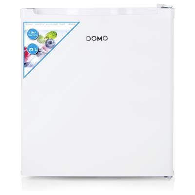 Un petit réfrigérateur blanc de marque Domo d'un volume de 33 litres avec régulation de température, idéal pour les boissons et les collations.