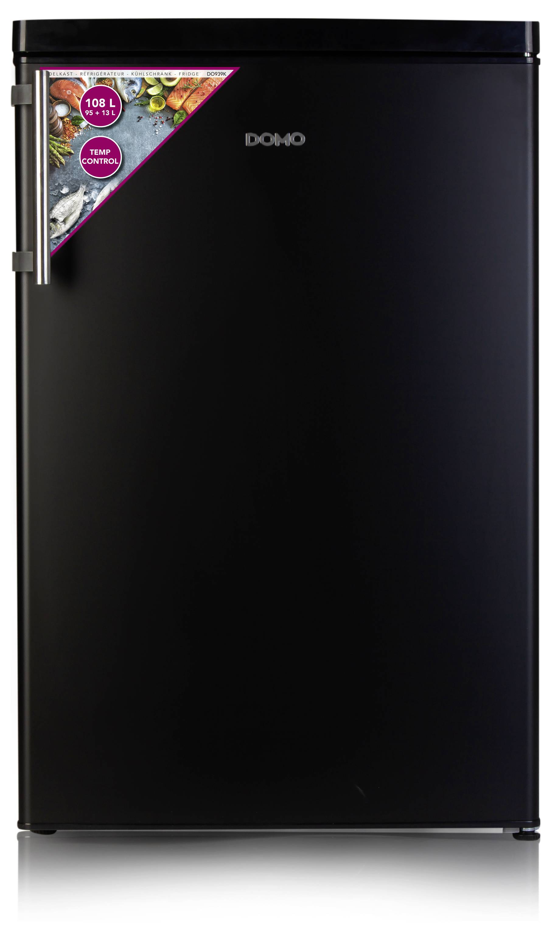 Un réfrigérateur noir avec une étiquette 'Volume 108 L, Total No Frost, Régulation de température' en haut à gauche. Du poisson et des légumes sont représentés à côté.