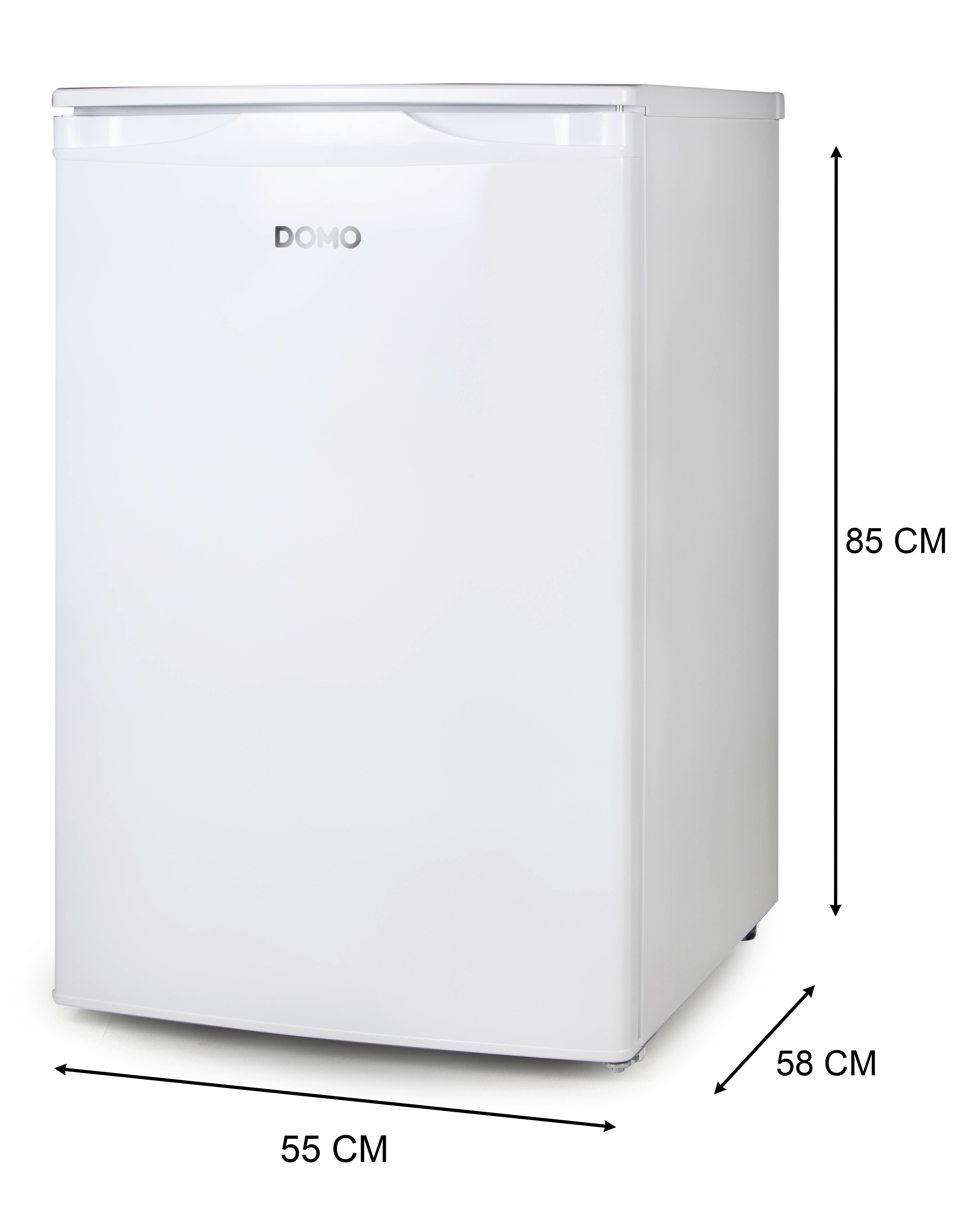 Réfrigérateur blanc de la marque DOMO, mesurant 85 cm de hauteur, 58 cm de profondeur et 55 cm de largeur, présenté fermé.