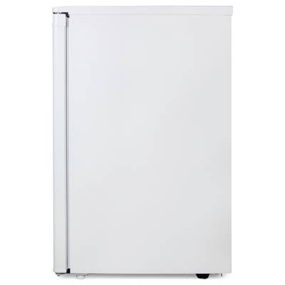 Un réfrigérateur blanc, indépendant, placé devant un fond neutre, avec un design minimaliste et moderne.