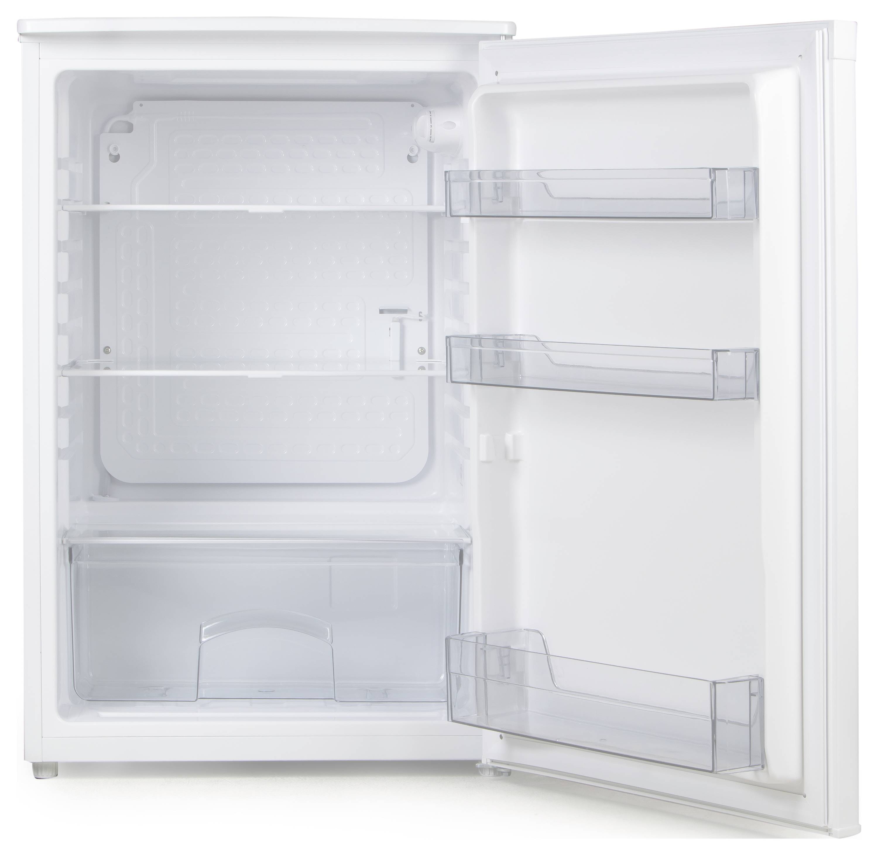 Petit réfrigérateur ouvert avec des étagères transparentes. Ne contenant pas d'aliments. Adapté aux petites cuisines ou aux bureaux.