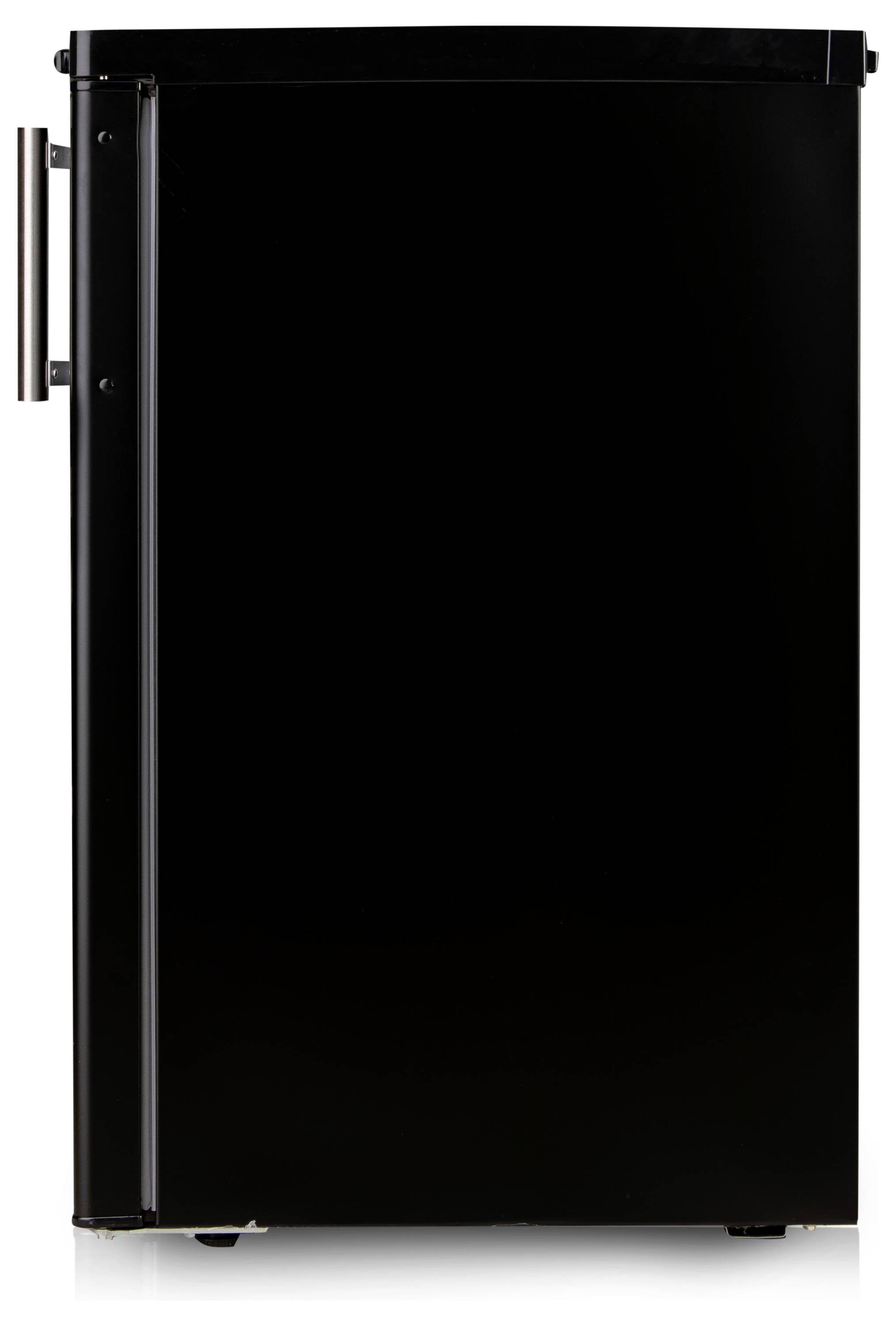 Réfrigérateur noir et moderne pour boissons, doté d'une poignée latérale en métal. Adapté pour une utilisation dans les cuisines ou les bars.