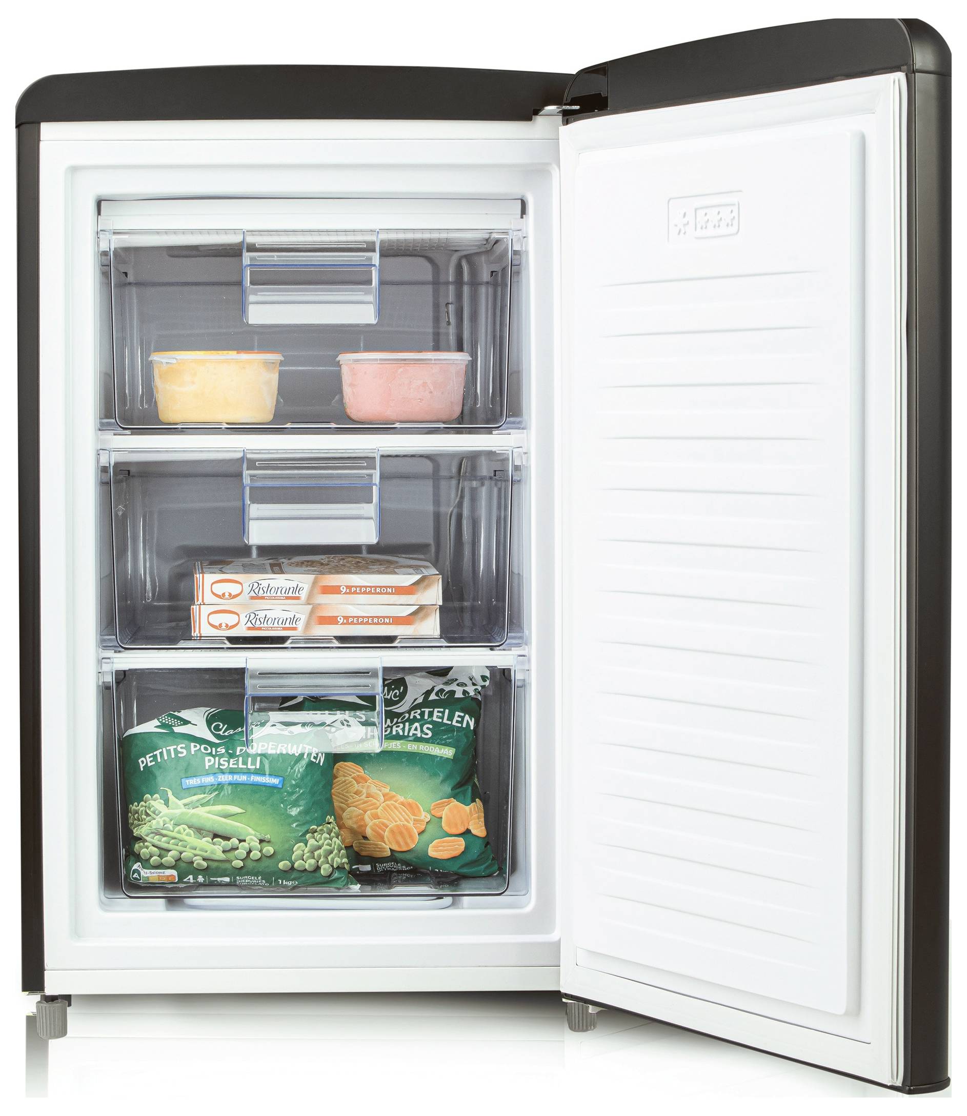 Un congélateur ouvert avec trois tiroirs contenant de la crème glacée, des pizzas et des légumes surgelés.