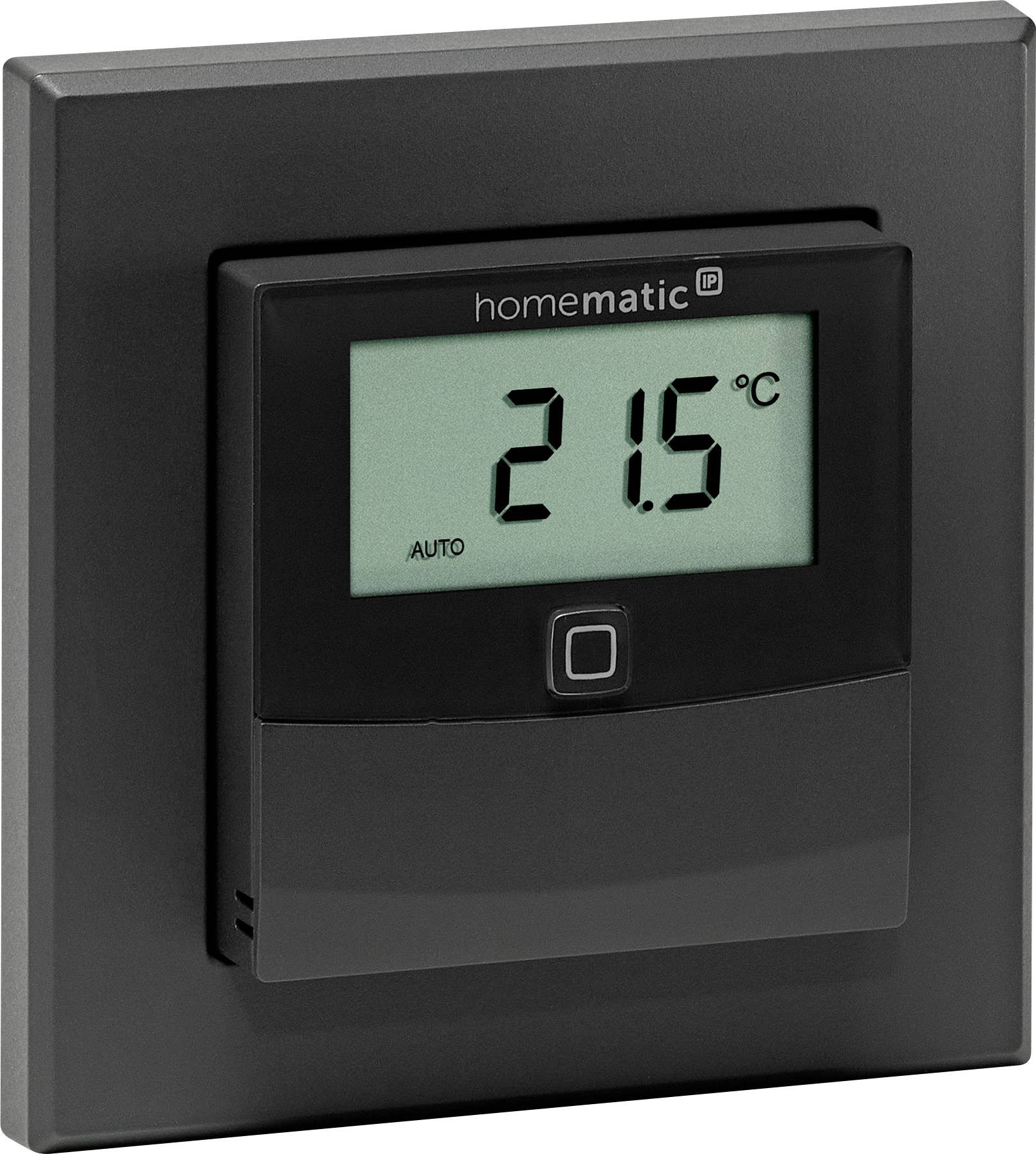 Thermostat numérique noir avec affichage indiquant '21,5°C'. Mode automatique activé. Cadre de l'appareil en plastique sombre.