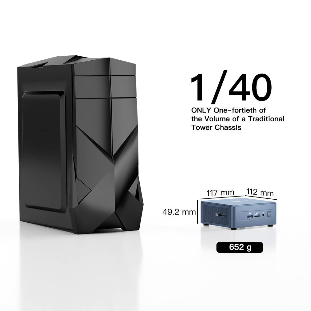 Un boîtier d'ordinateur noir et compact, à côté duquel un boîtier tour standard est représenté à l'échelle 1/40, avec ses dimensions et son poids (652 g).