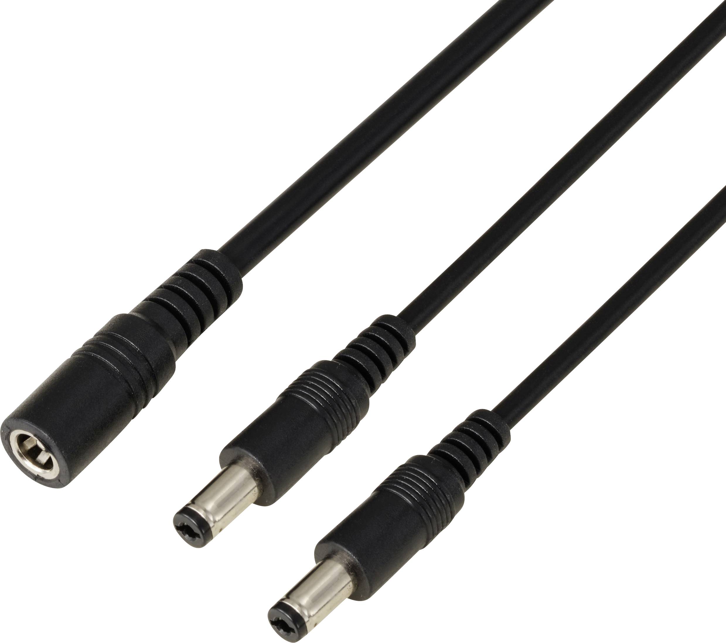 Câble électrique noir avec une fiche femelle d'un côté et deux fiches mâles de l'autre côté.