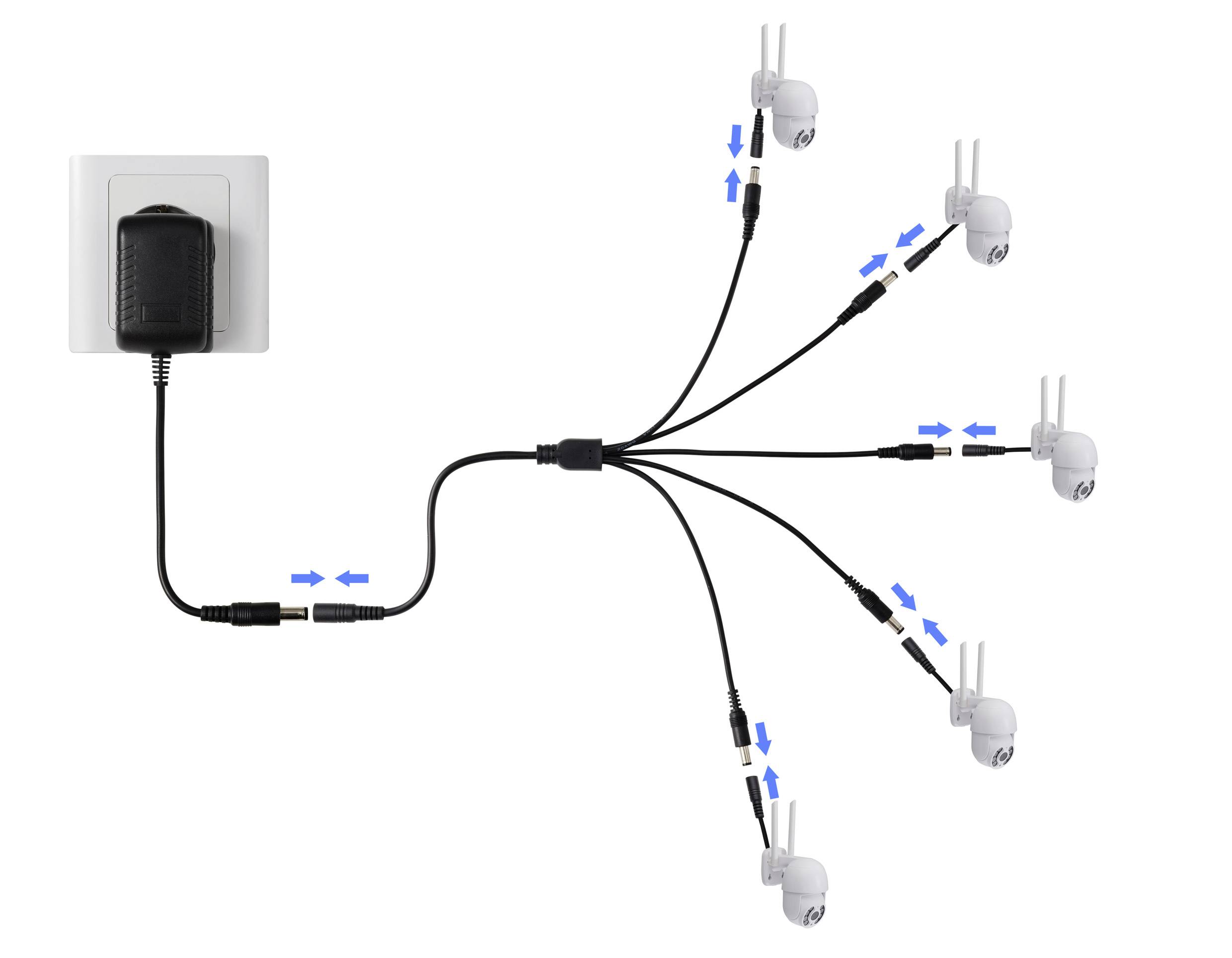 Connecteur multibroche pour caméras ou appareils, montrant la distribution de câbles à partir d'une source d'alimentation unique vers six appareils terminaux.