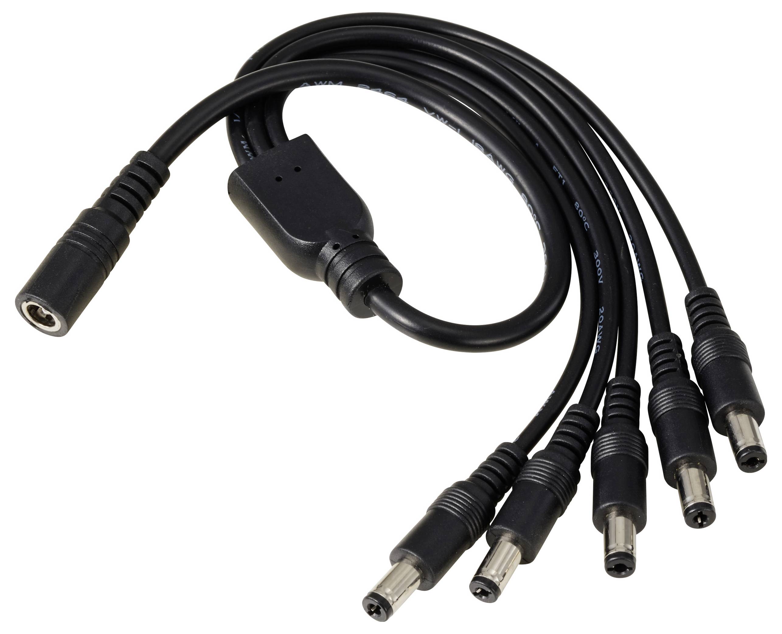 Un câble répartiteur/adaptateur noir avec un connecteur femelle et cinq connecteurs mâles pour connecter plusieurs appareils.