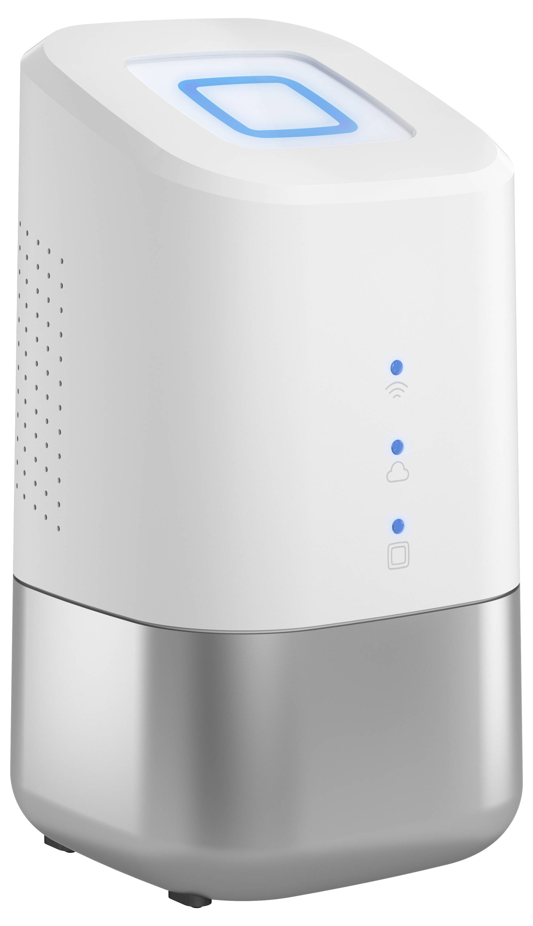 Un purificateur d'air moderne, blanc et argenté, avec des symboles lumineux bleus sur le dessus et de petites fentes de ventilation sur les côtés.