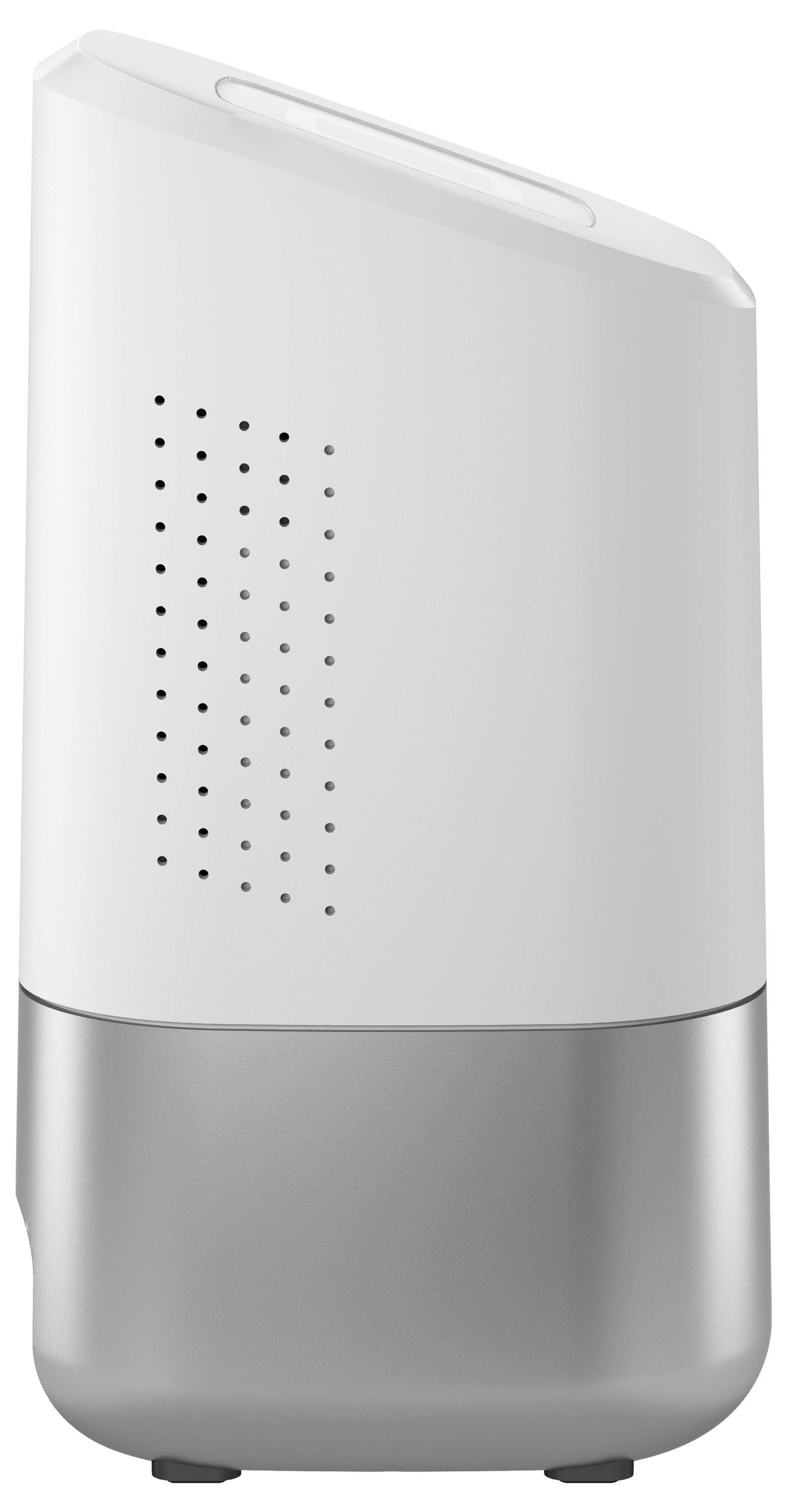 Déshumidificateur d'air au design moderne, blanc avec partie inférieure gris métallisé, adapté à un usage domestique pour réduire l'humidité.
