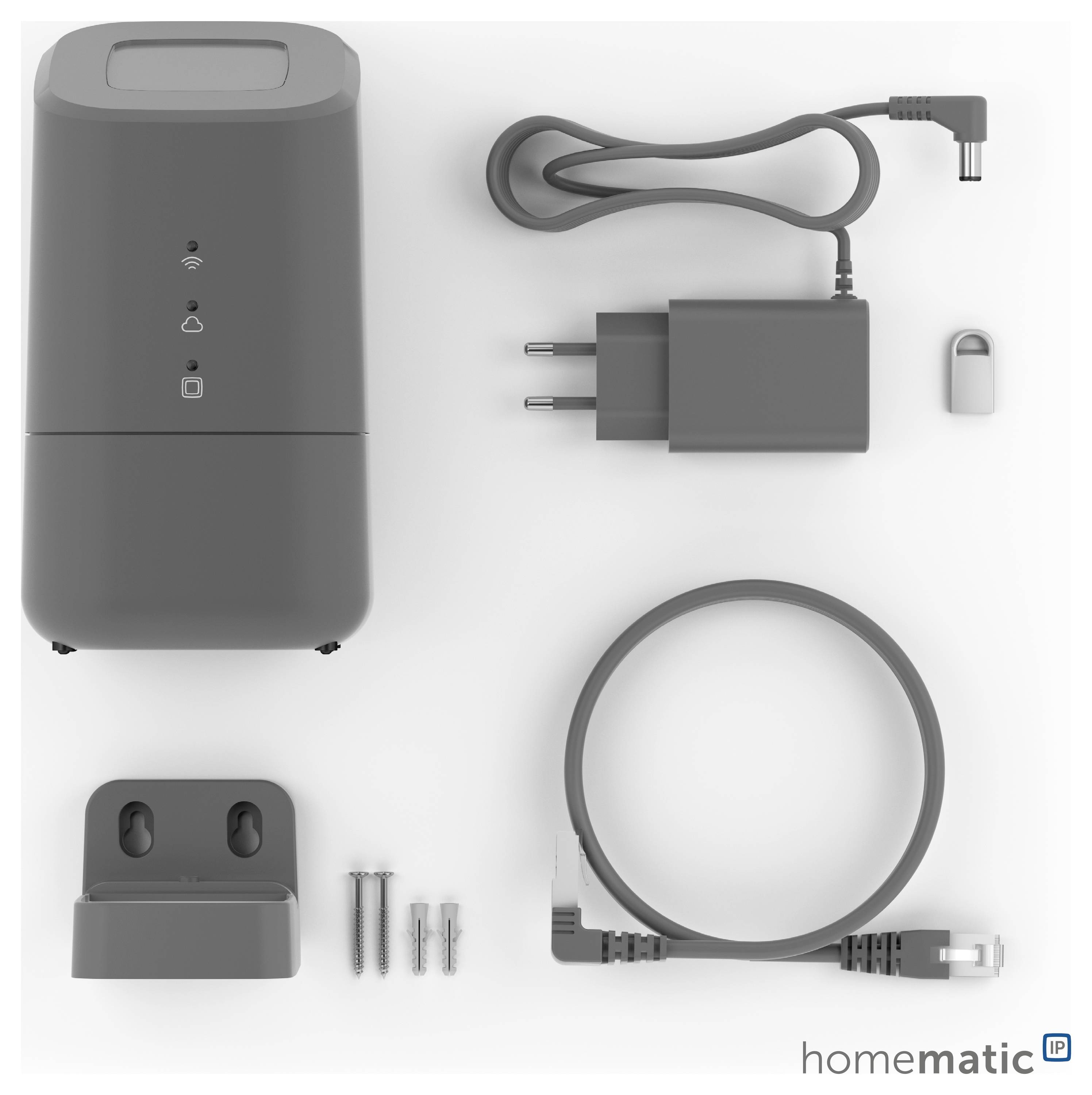 Ensemble d'appareils domotiques avec alimentation, support mural, vis, câble Ethernet et un dongle USB, marqué Homematic IP.