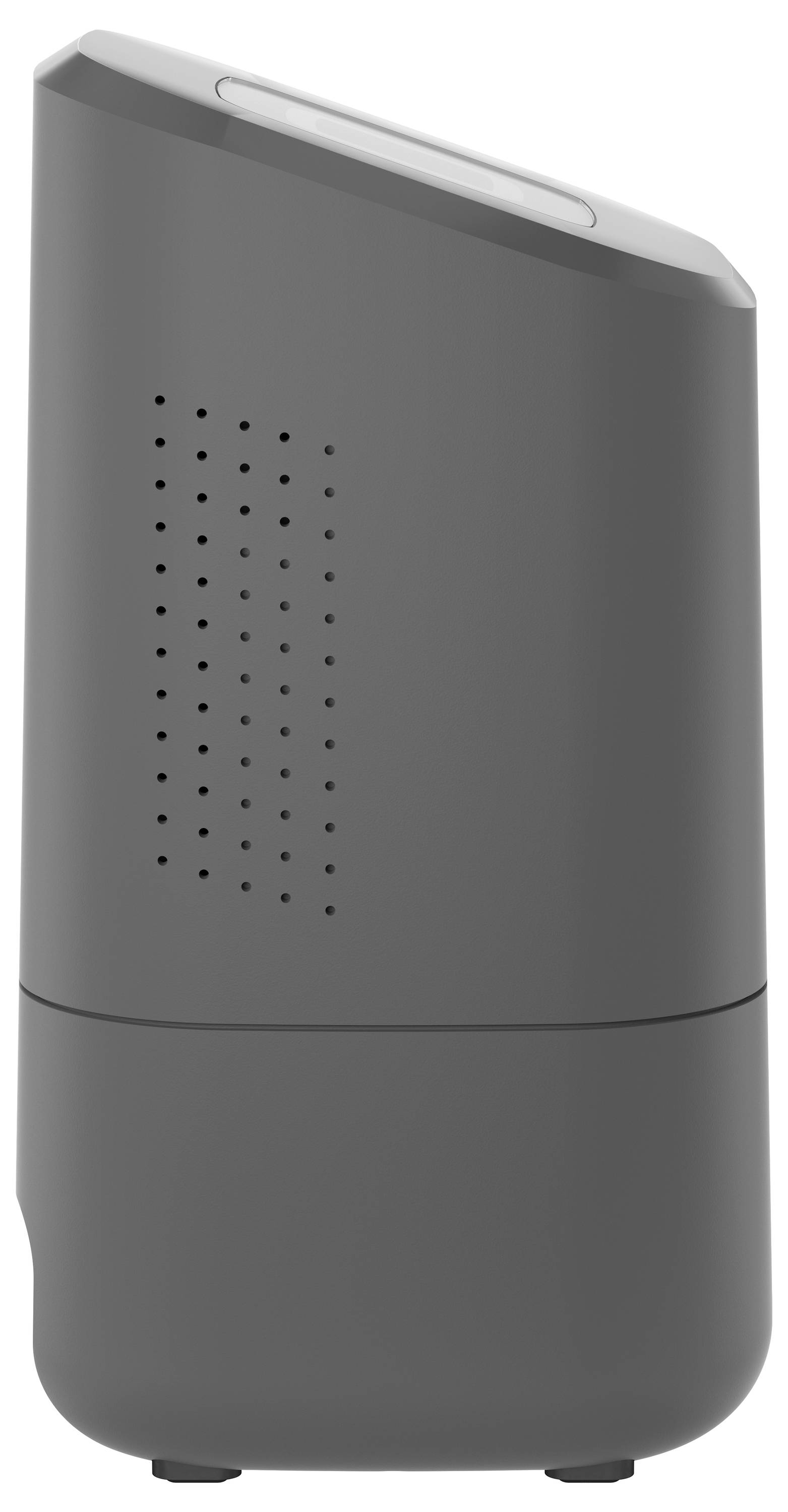 Purificateur d'air gris avec partie supérieure inclinée et fentes de ventilation sur le côté. Adapté pour une utilisation en intérieur.