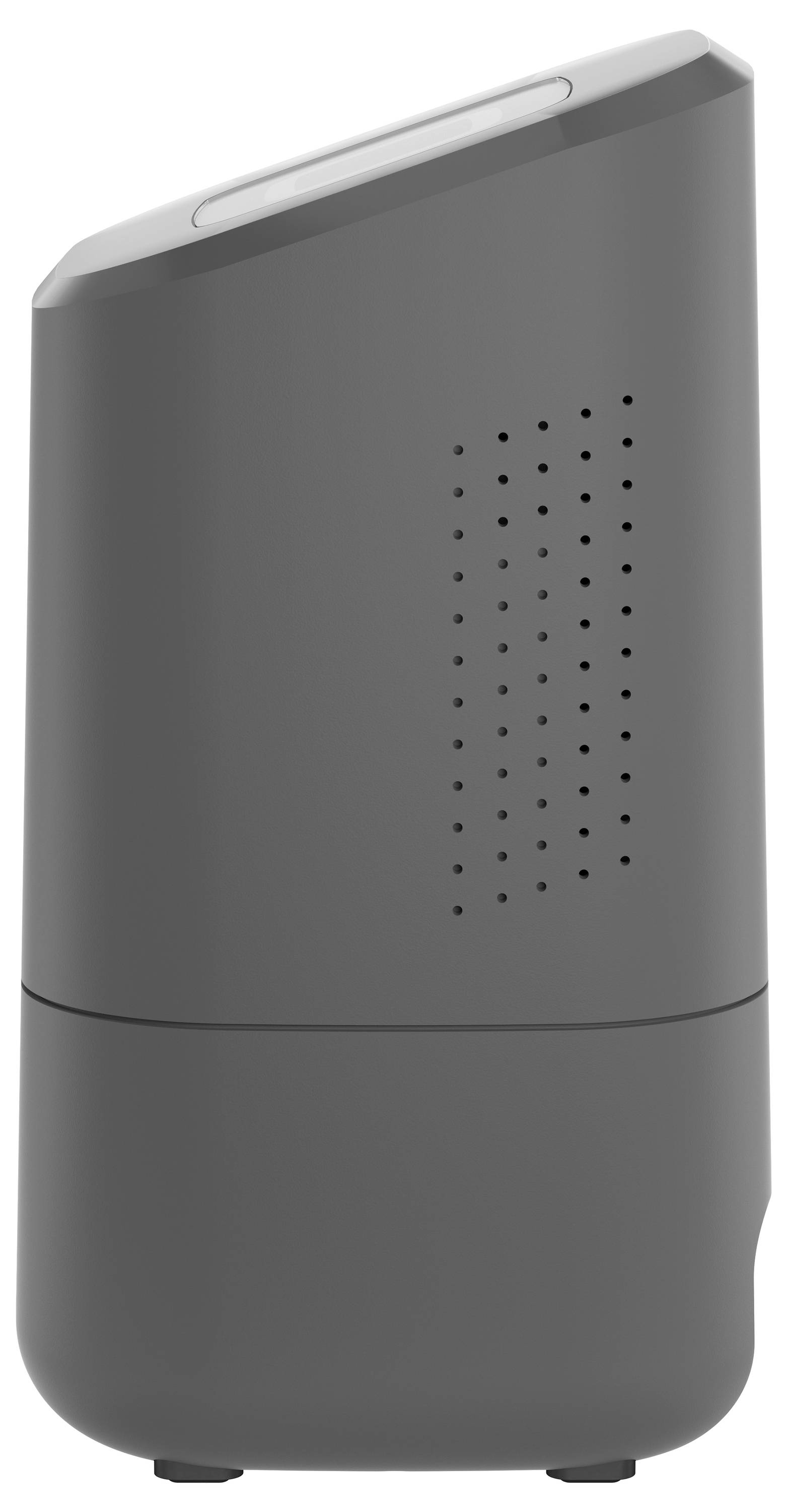 Un purificateur d'air gris et moderne avec des fentes de ventilation sur le côté.