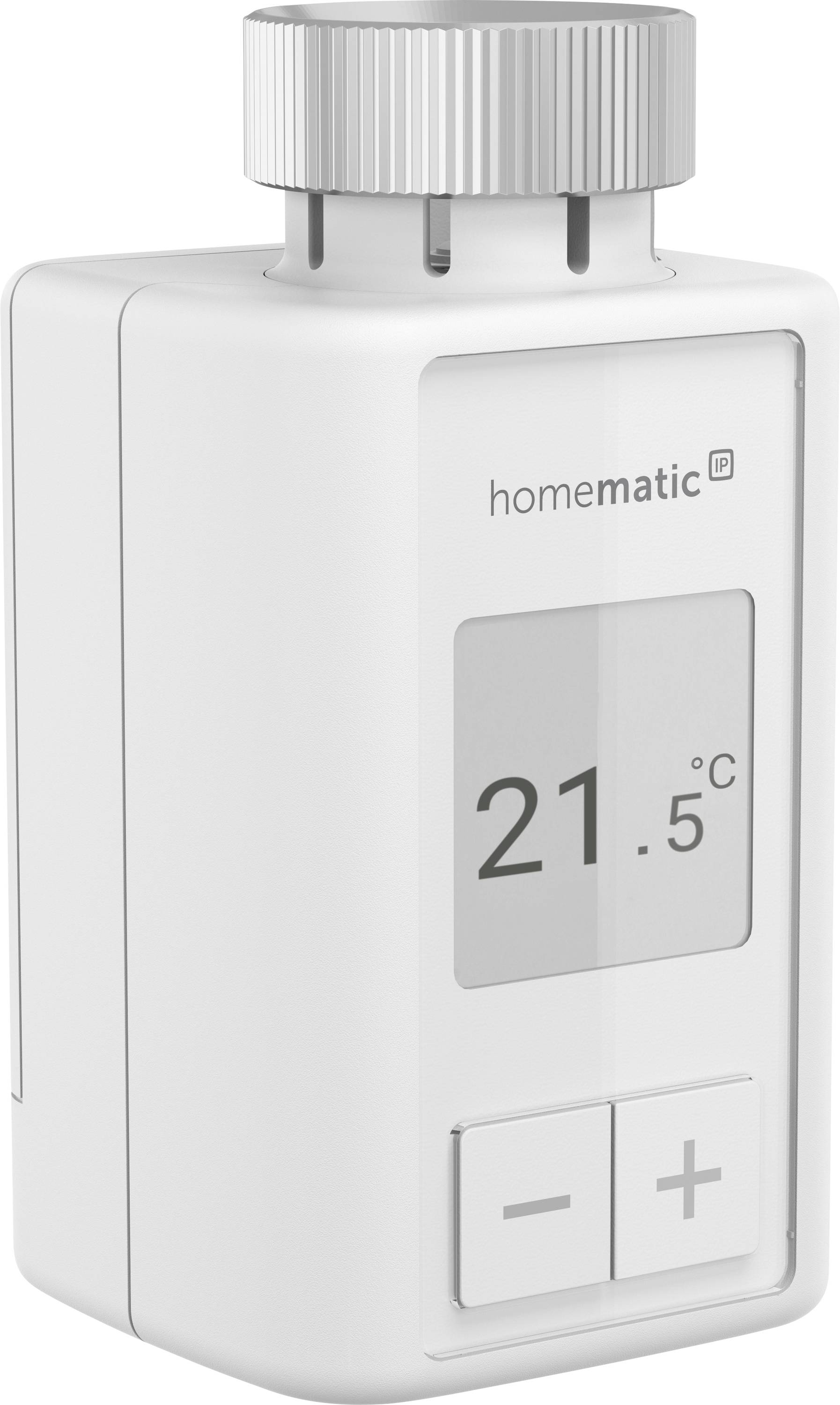 Thermostat électronique de radiateur en blanc avec affichage LCD, indiquant '21,5°C', touches de réglage de température.