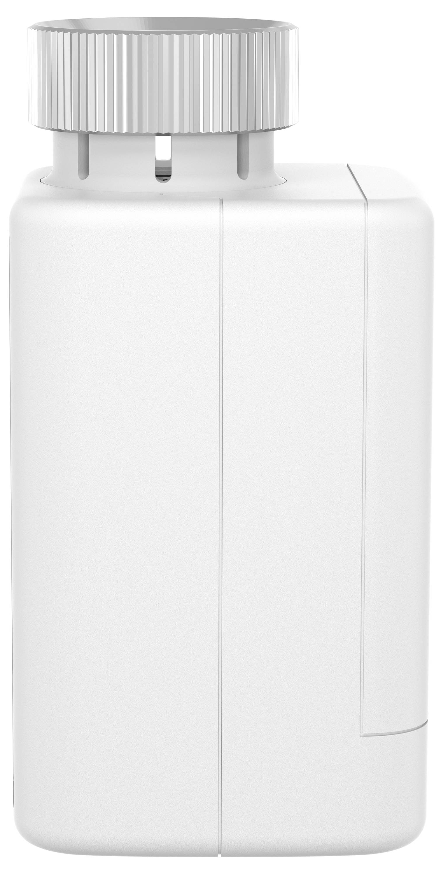 Une petite bouteille blanche rectangulaire avec un bouchon gris à vis.