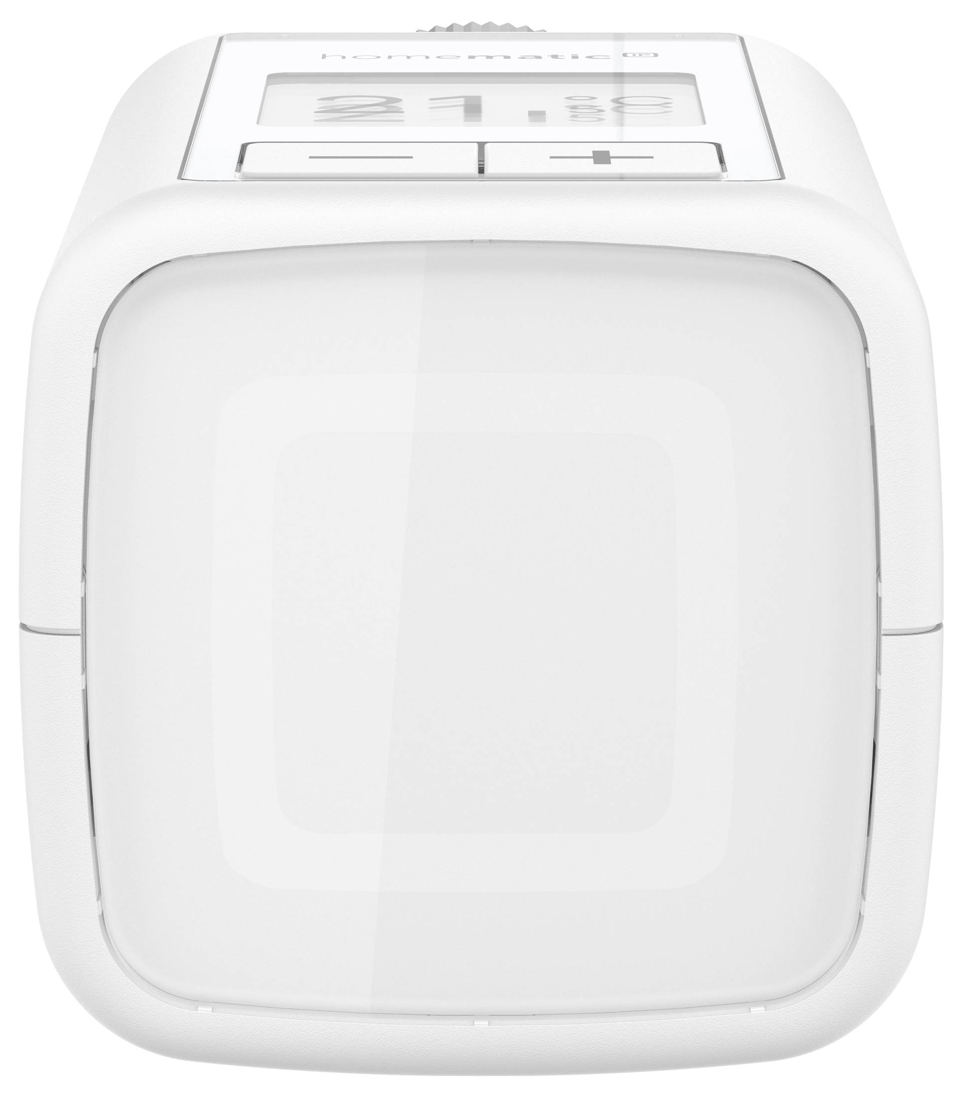 Un réveil numérique blanc avec un écran rectangulaire et des boutons plus et moins pour régler l'heure.