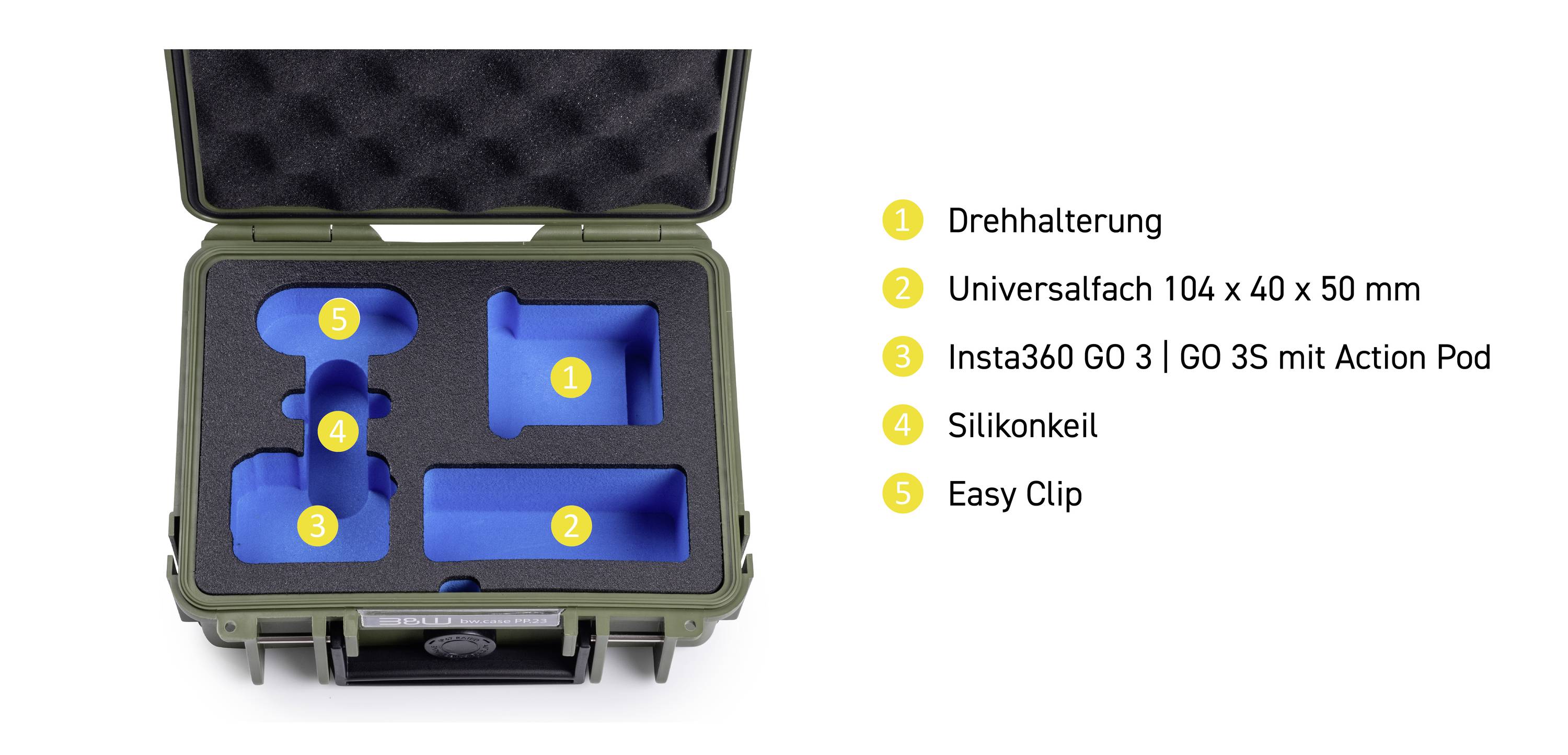 La mousse de protection à l'intérieur d'une valise offre de l'espace pour l'équipement photographique, avec des compartiments marqués pour un support de rotation et d'autres accessoires.