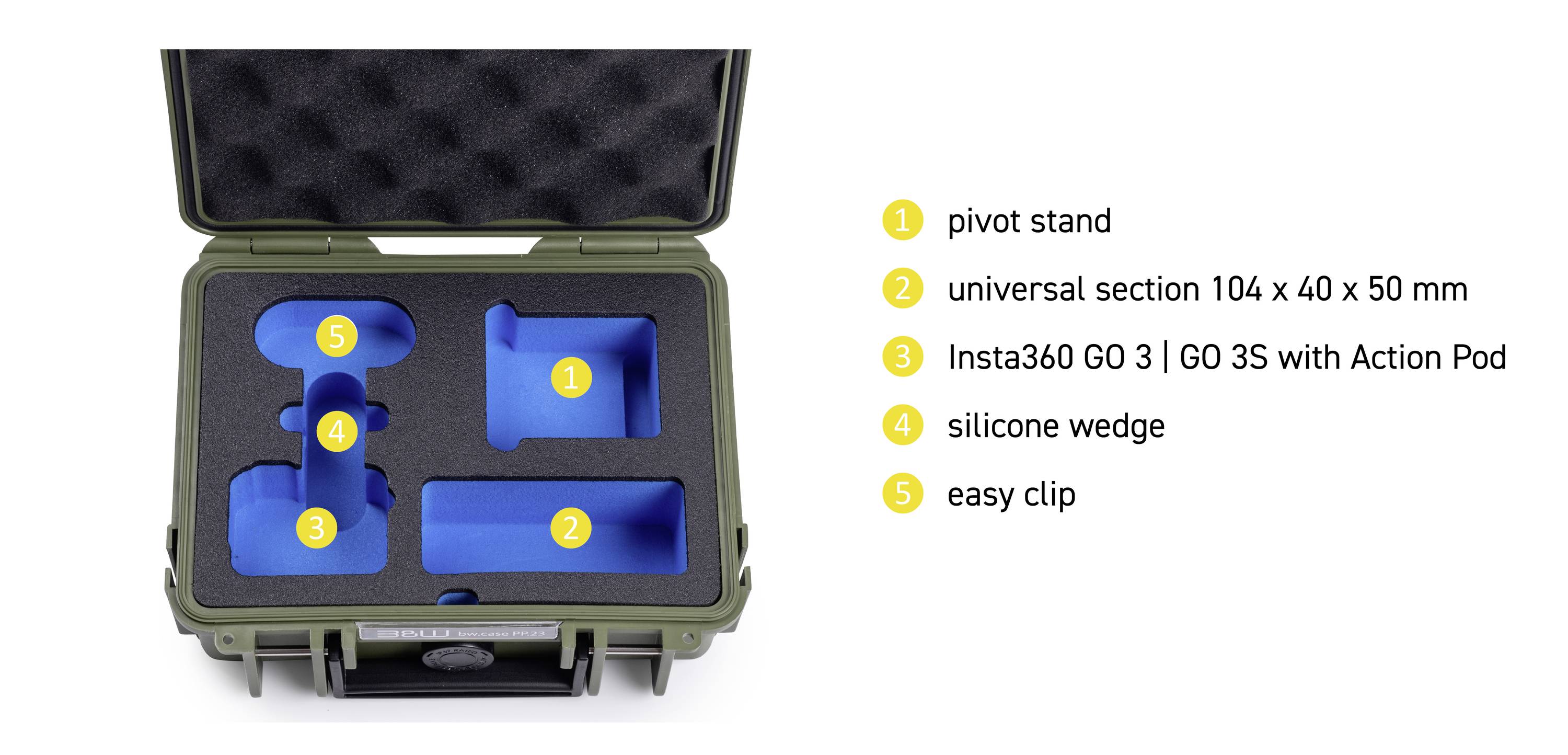 Mallette de transport ouverte avec mousse moulée, adaptée au support Pivot, pièce universelle (104x40x50 mm), pour Insta360 GO 3/GO 3S avec Action Pod, coin en silicone et clip simple.
