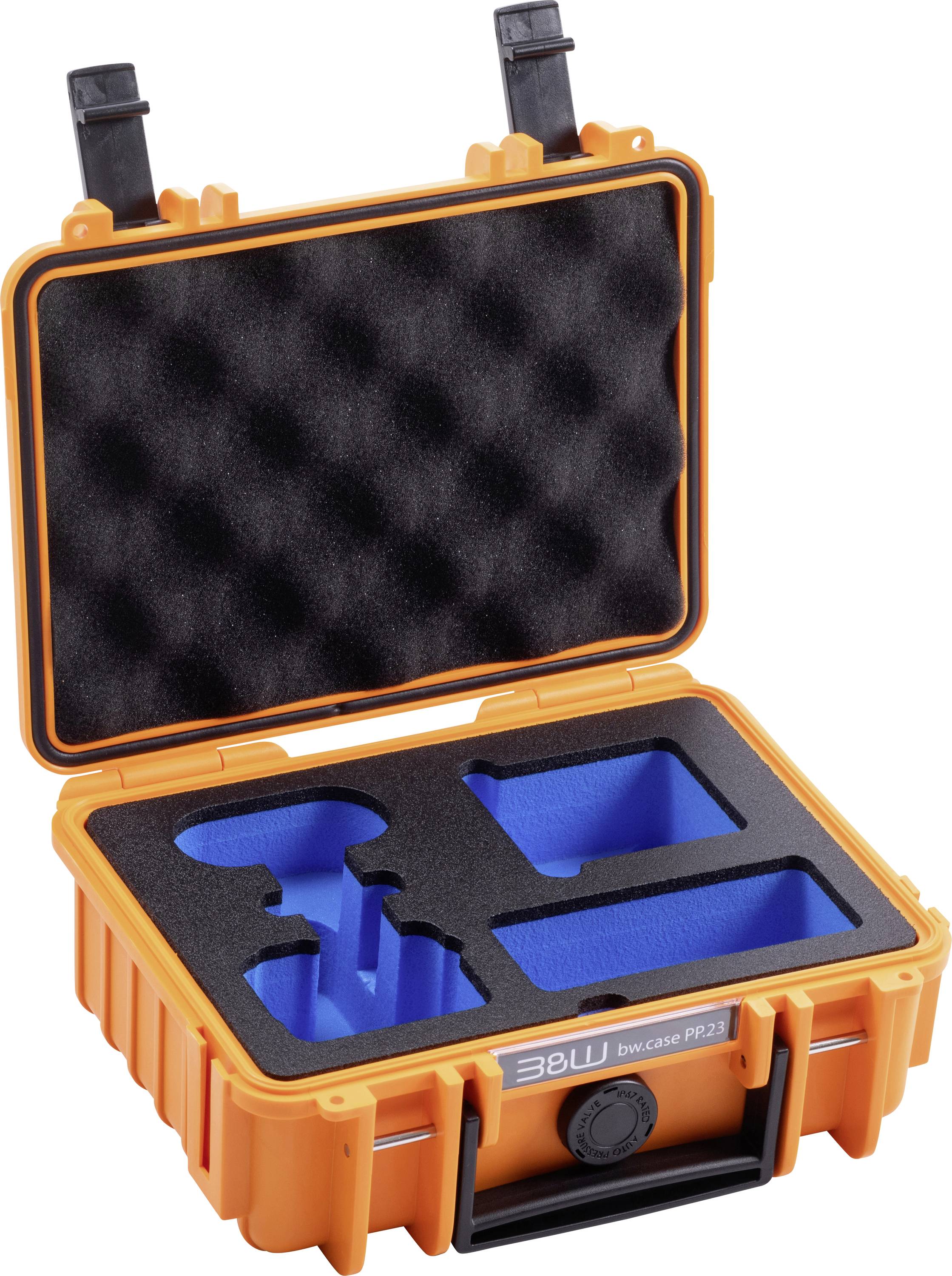 Un étui de protection orange à couvercle ouvert présente des compartiments parfaitement adaptés pour les outils ou les appareils, doublés de mousse noire.