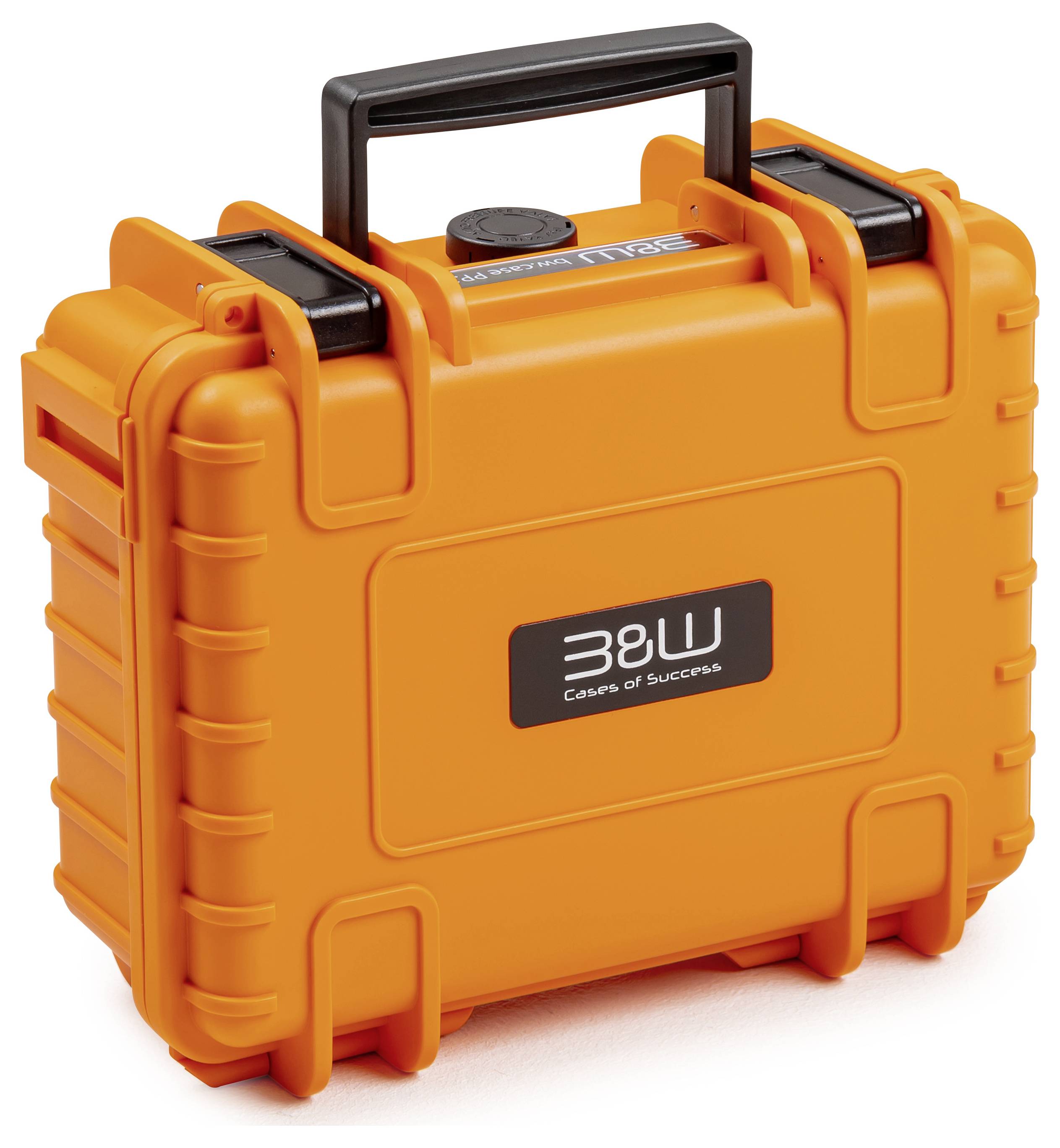 Mallette orange, robuste, avec poignée noire, adaptée aux appareils techniques. Sur la face avant, il est inscrit 'B&W Cases of Success'.