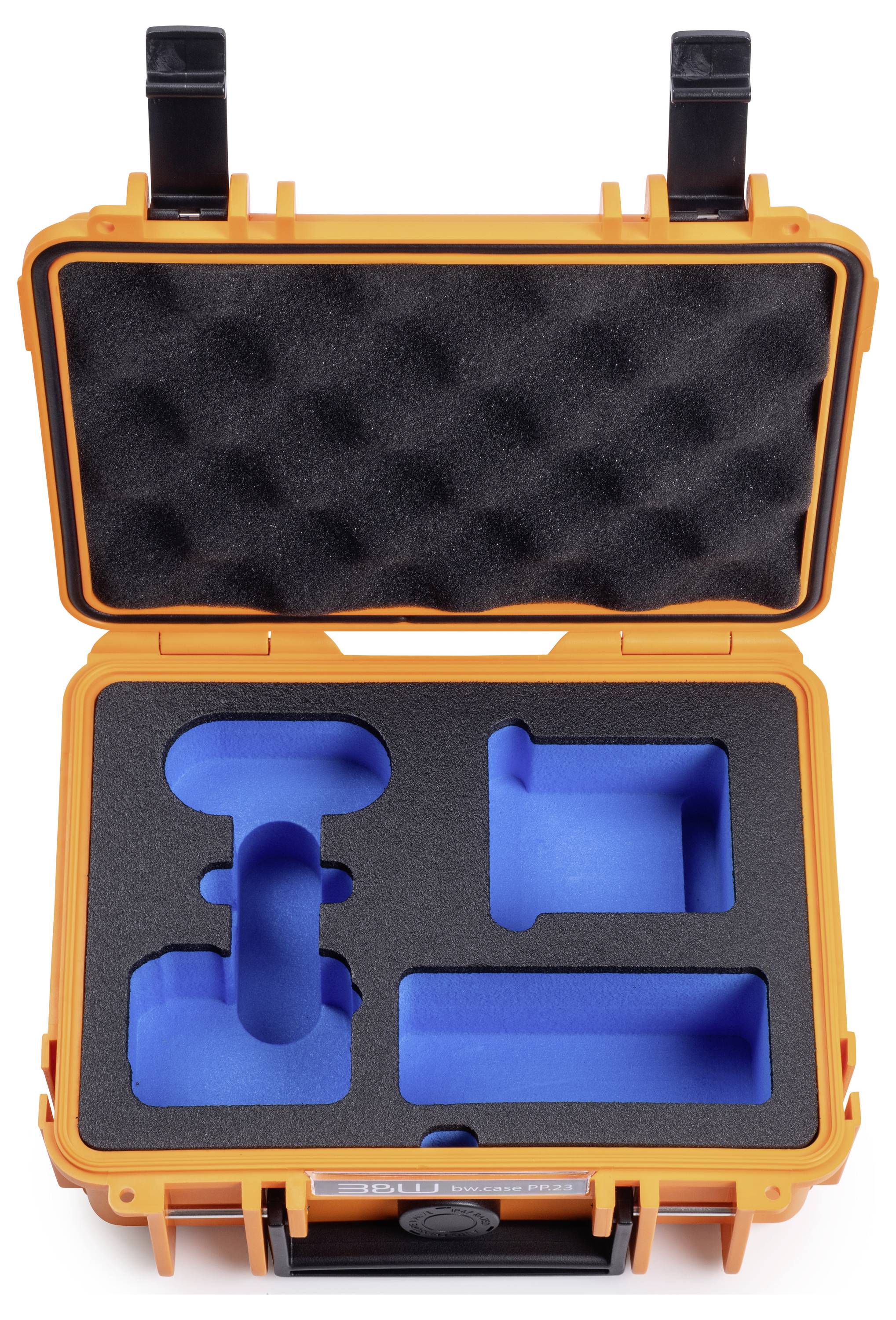 Valise orange avec mousse noire à l'intérieur, moulée pour le rangement sécurisé d'appareils électroniques avec des insertions bleues.