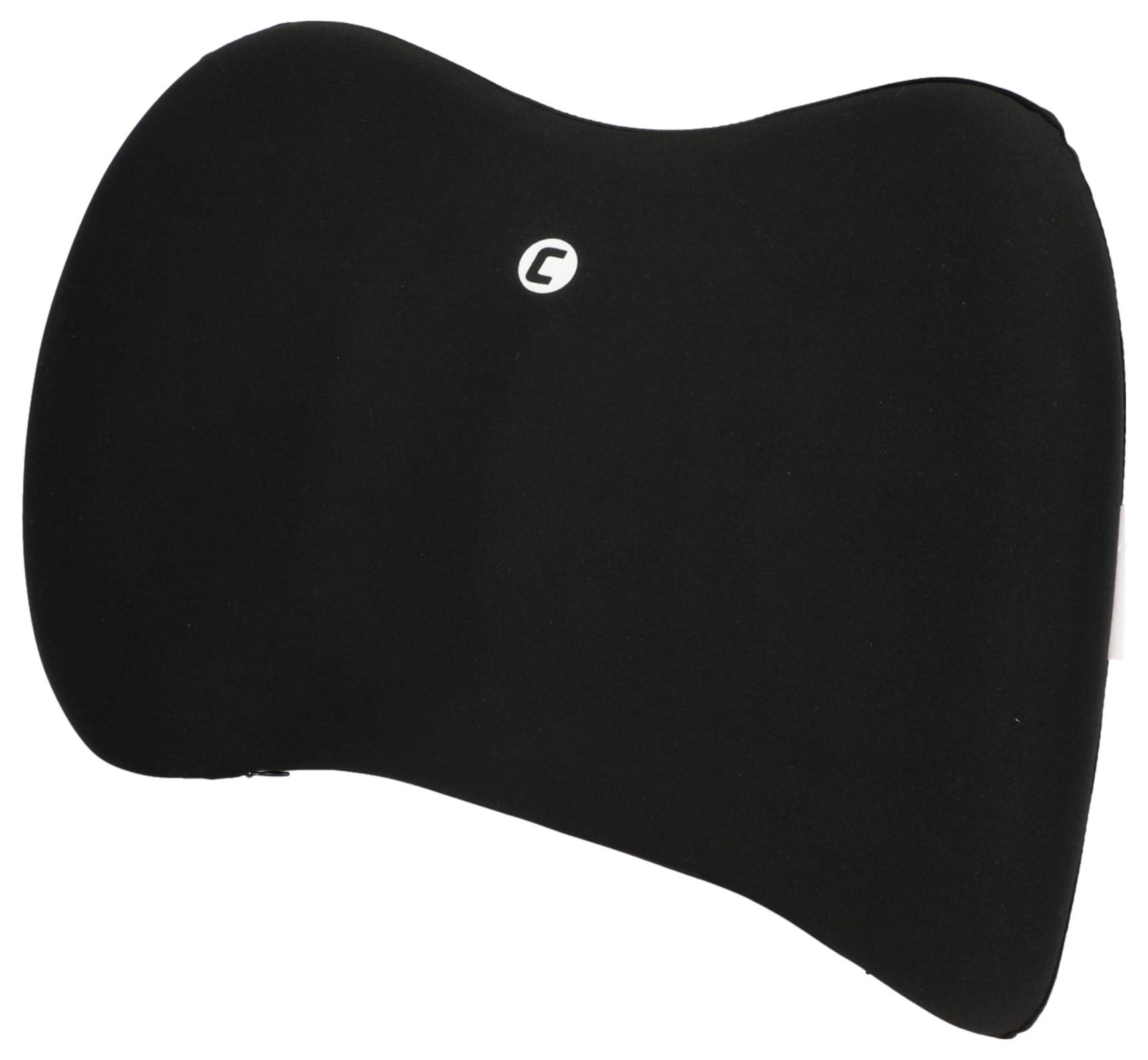 Coussin orthopédique noir dans une forme ergonomique, adapté pour soutenir le dos, avec un petit logo au centre.