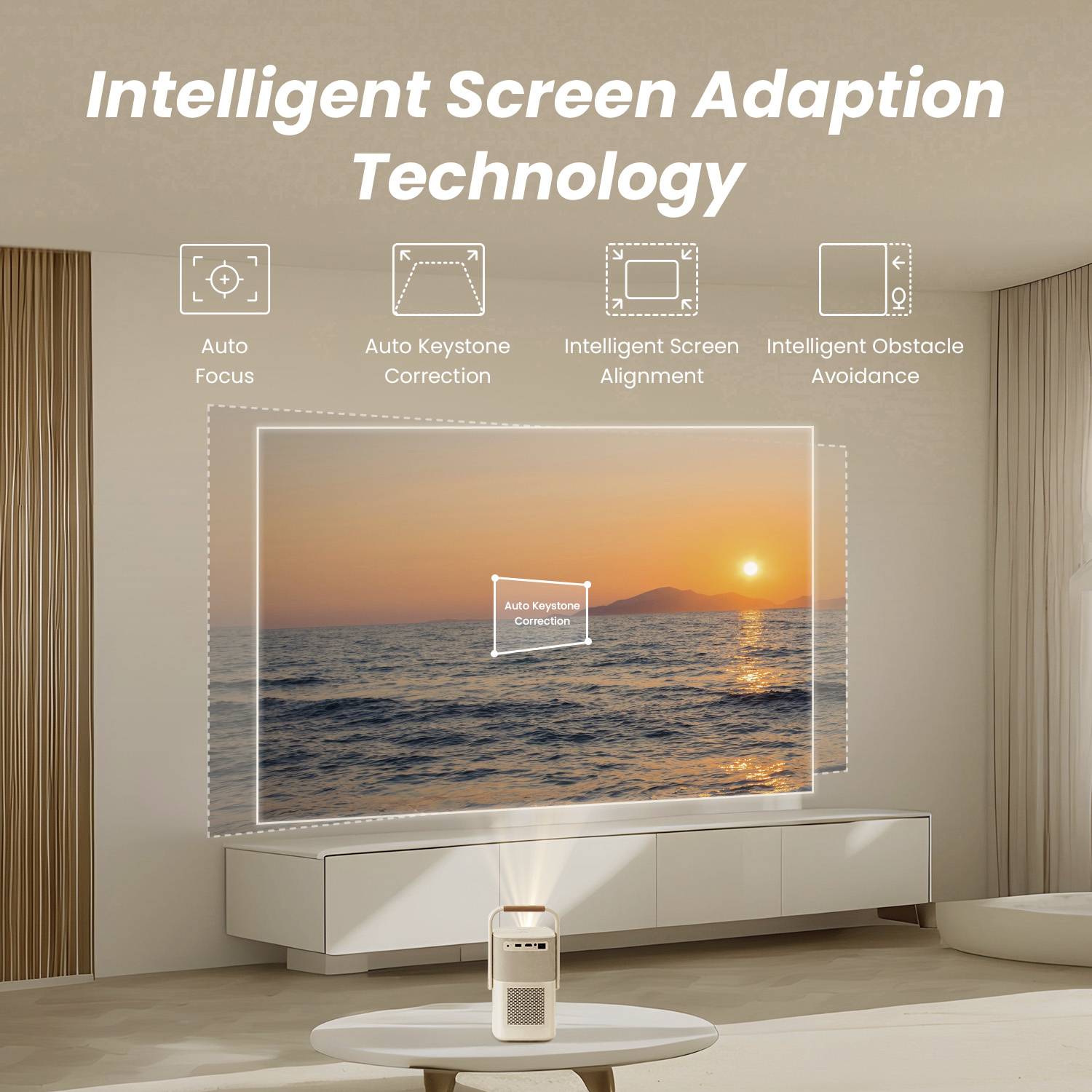 Un salon avec un projecteur affichant une image de coucher de soleil sur le mur. Texte : 'Technologie d'Adaptation Intelligente d'Écran'.