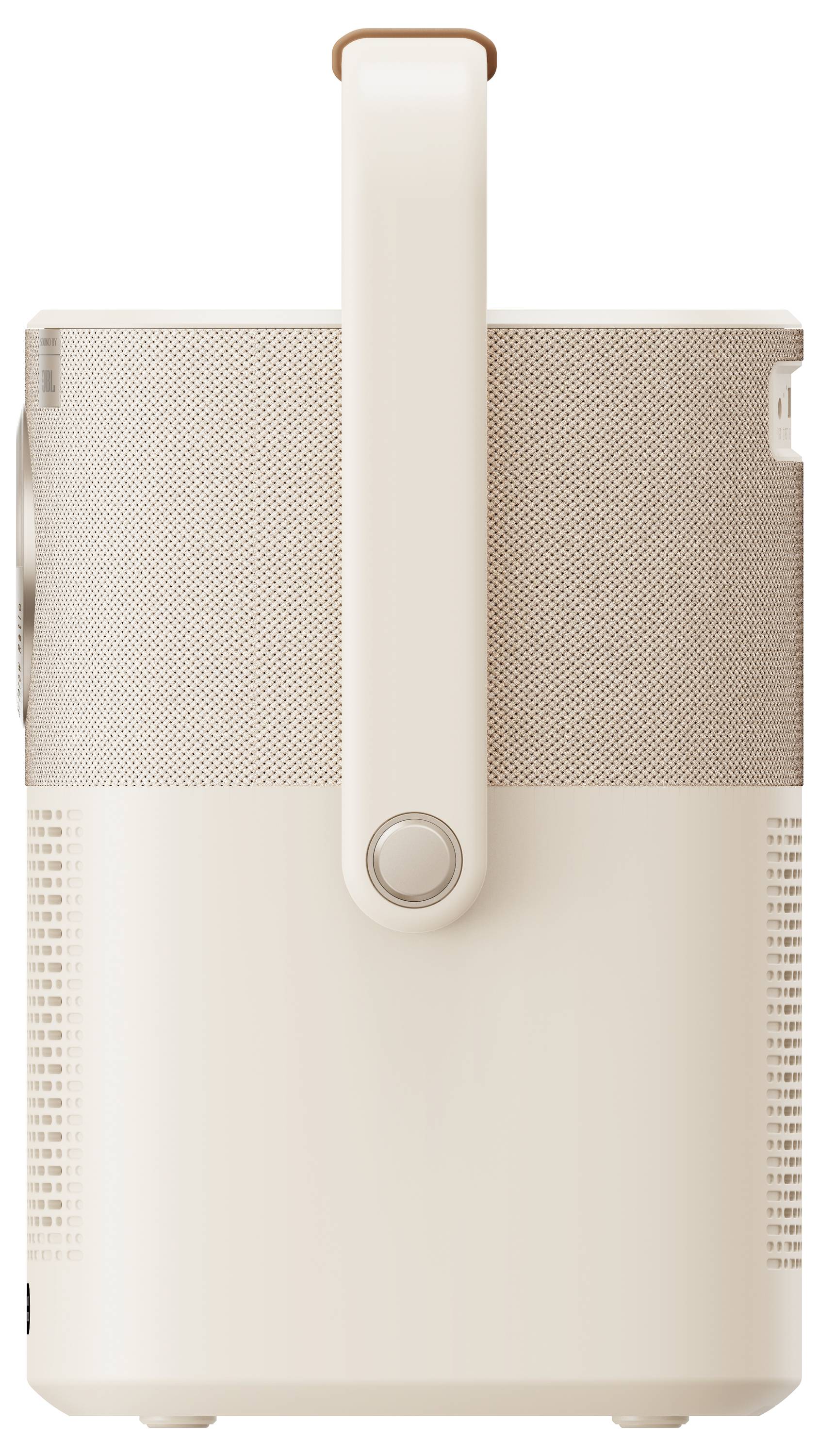 Un haut-parleur portable de couleur crème avec une poignée de transport, vue de côté.