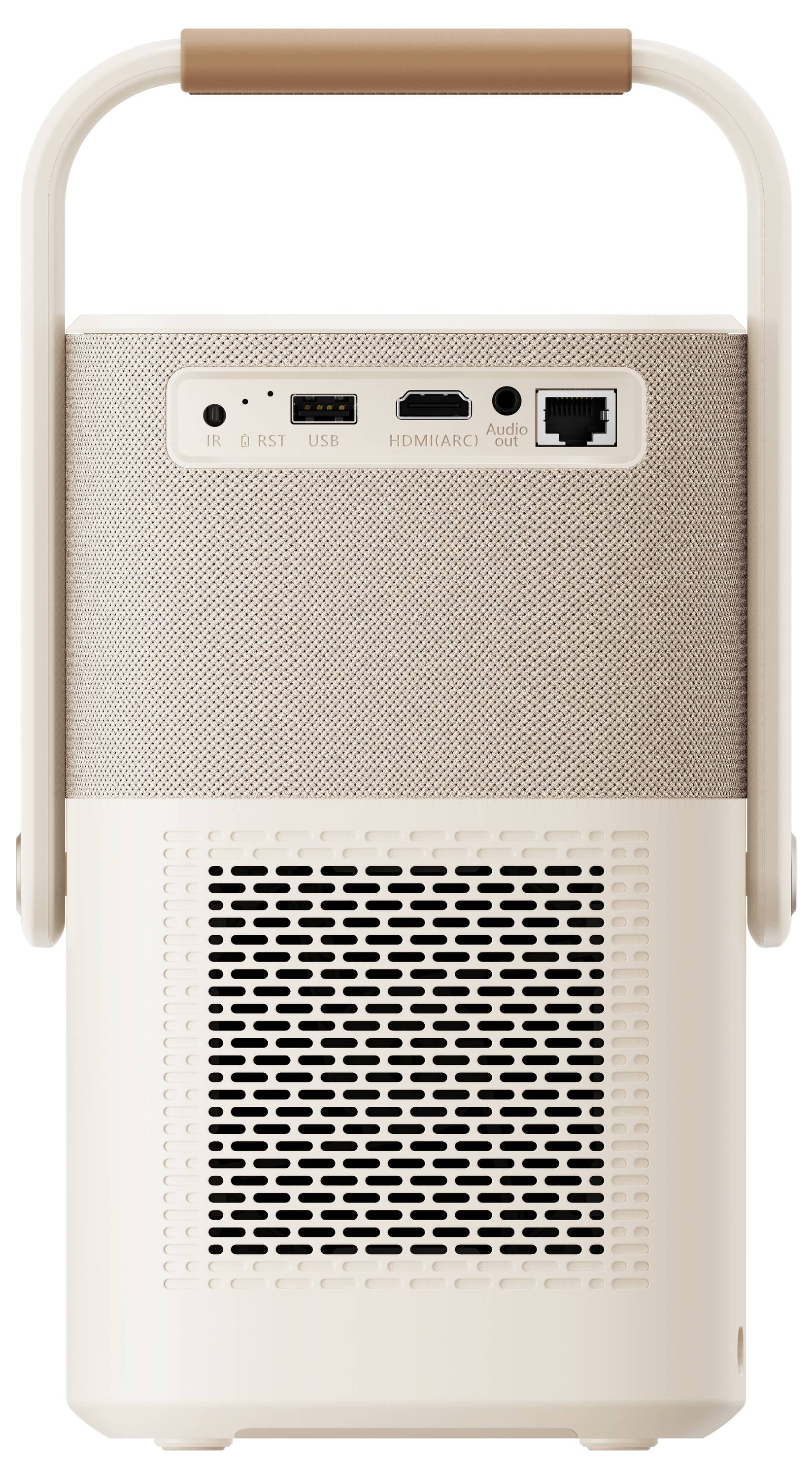 Un haut-parleur portable avec une poignée sur le dessus. À l'arrière, on trouve des ports USB, HDMI et réseau.