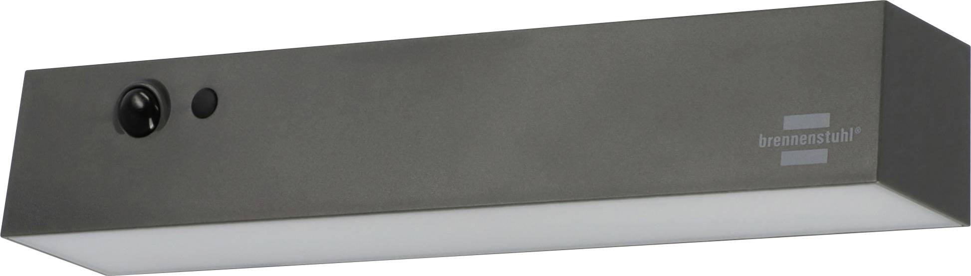 Une lampe LED rectangulaire grise avec un capteur de mouvement à gauche et le logo 'brennenstuhl' à droite.