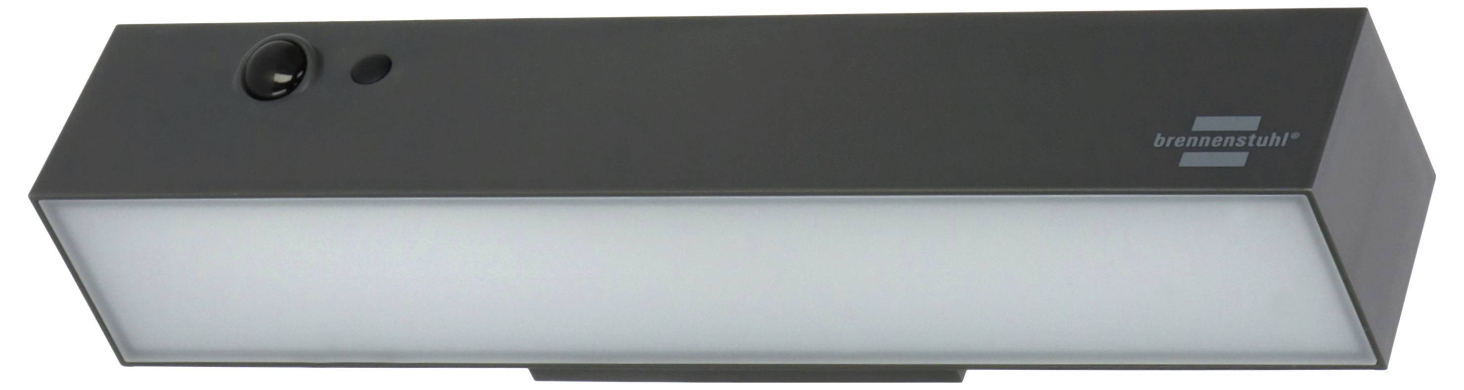 Lampe LED rectangulaire noire avec capteur de mouvement et lumière diffuse, adaptée à la fixation murale pour un éclairage extérieur.